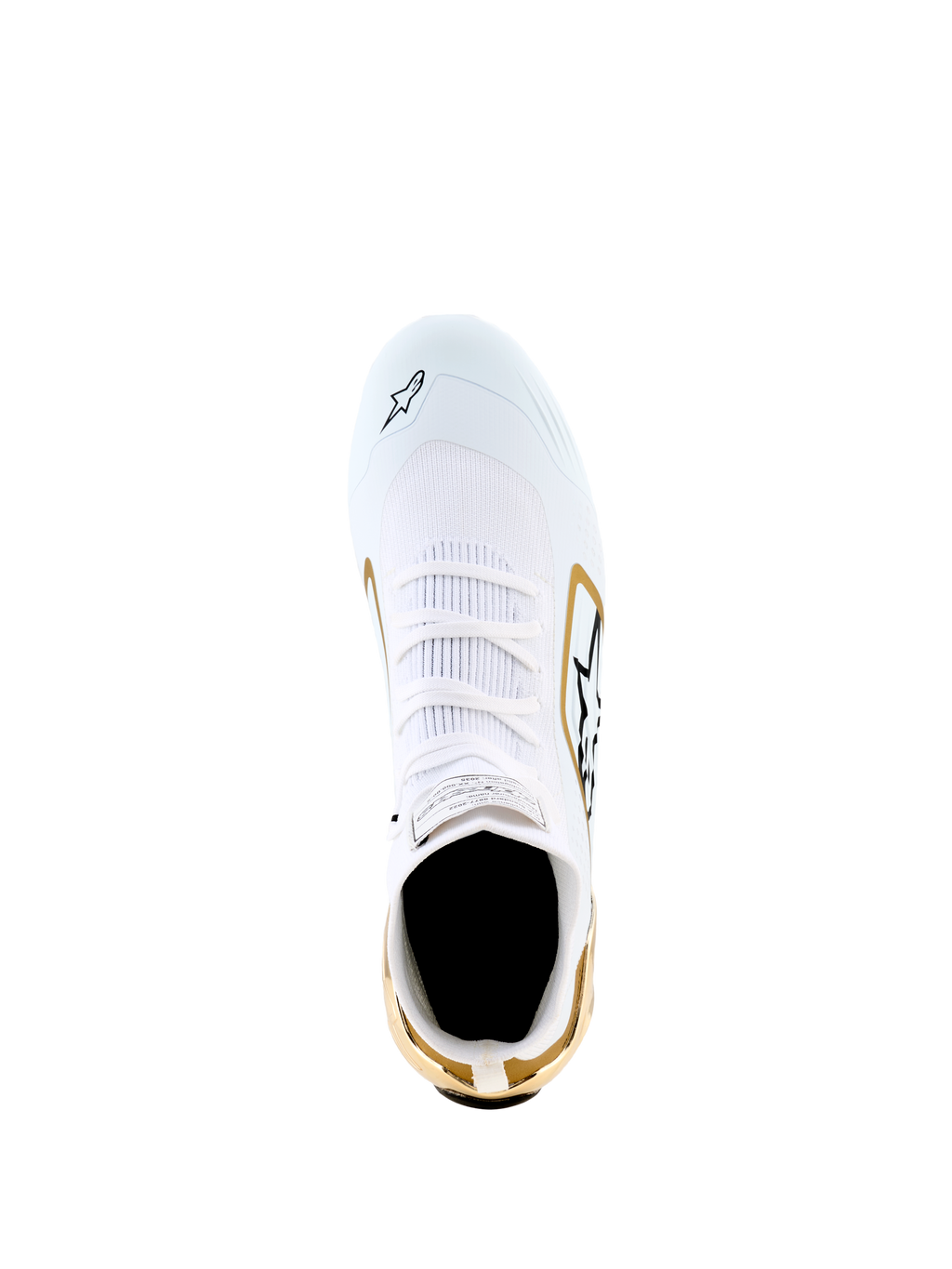 Alpinestars Supertech K Schuhe - FIA, Weiß Schwarz Gold, Draufsicht zeigt das weiße gestrickte Obermaterial mit goldenen Akzenten an der Ferse und den Seiten, schwarze Logo-Details, Hochleistungs-Kartschuhe