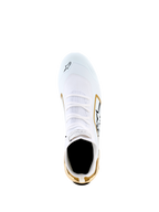 Alpinestars Supertech K Schuhe - FIA, Weiß Schwarz Gold, Draufsicht zeigt das weiße gestrickte Obermaterial mit goldenen Akzenten an der Ferse und den Seiten, schwarze Logo-Details, Hochleistungs-Kartschuhe
