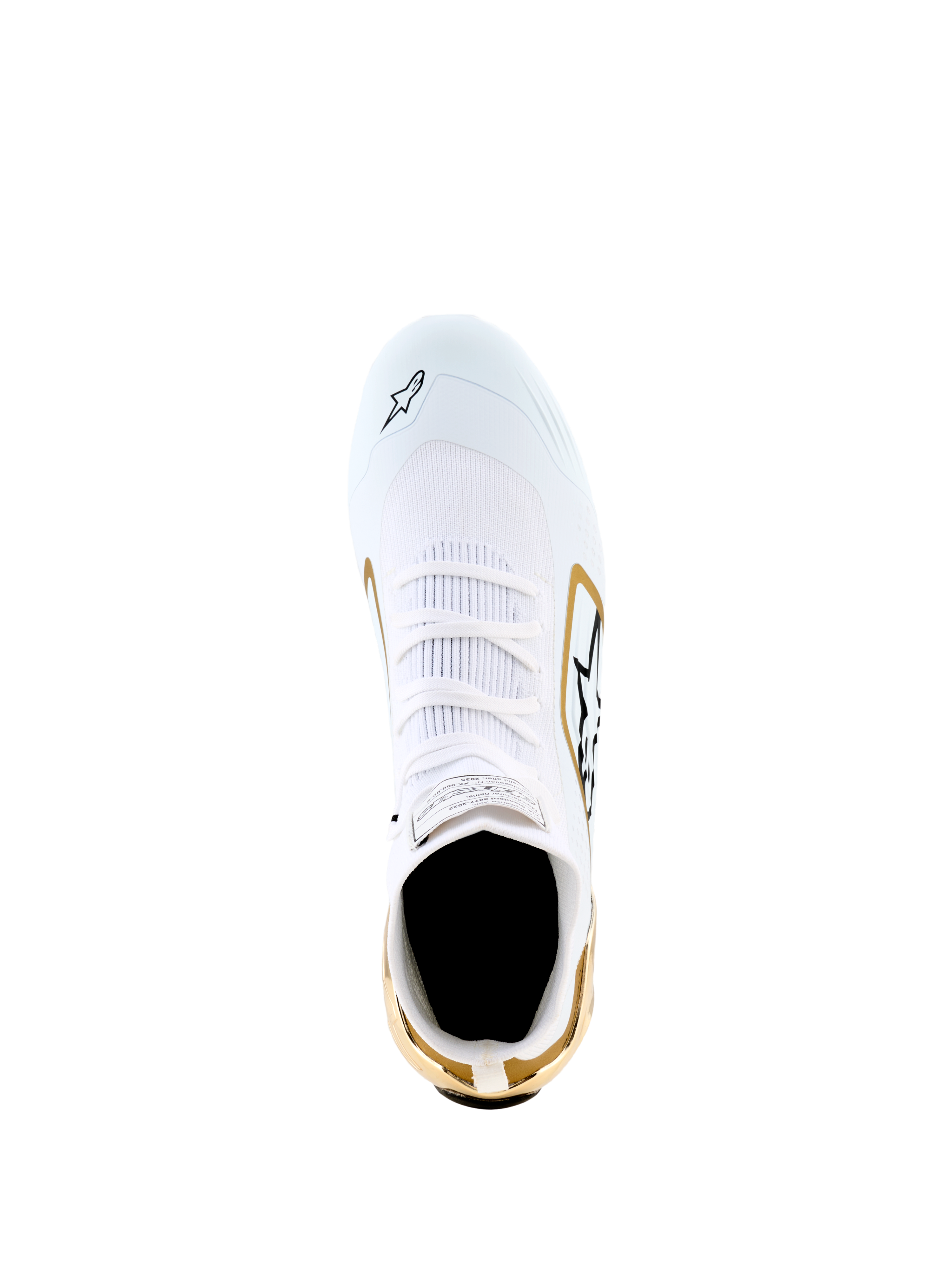 Alpinestars Supertech K Schuhe - FIA, Weiß Schwarz Gold, Draufsicht zeigt das weiße gestrickte Obermaterial mit goldenen Akzenten an der Ferse und den Seiten, schwarze Logo-Details, Hochleistungs-Kartschuhe