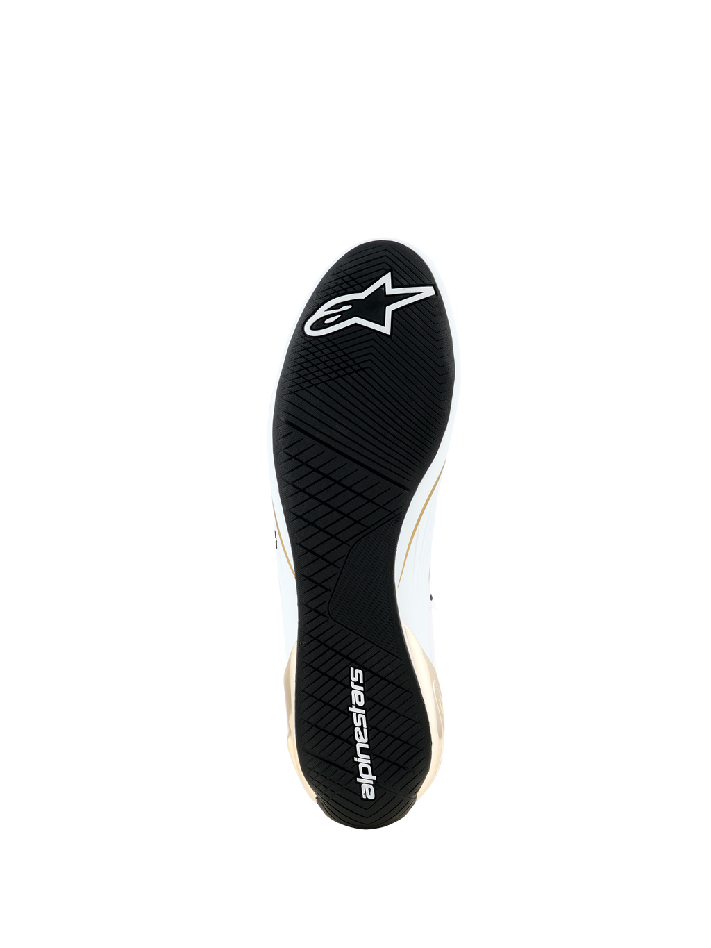 Alpinestars Supertech K Schuhe - FIA, Unteransicht der schwarzen, ultradünnen Gummiaußensohle, asymmetrisches Profil für Grip, weißes Alpinestars-Logo und Wortmarke, goldene und weiße Seitenakzente, spezialisiertes Karting-Schuhwerk