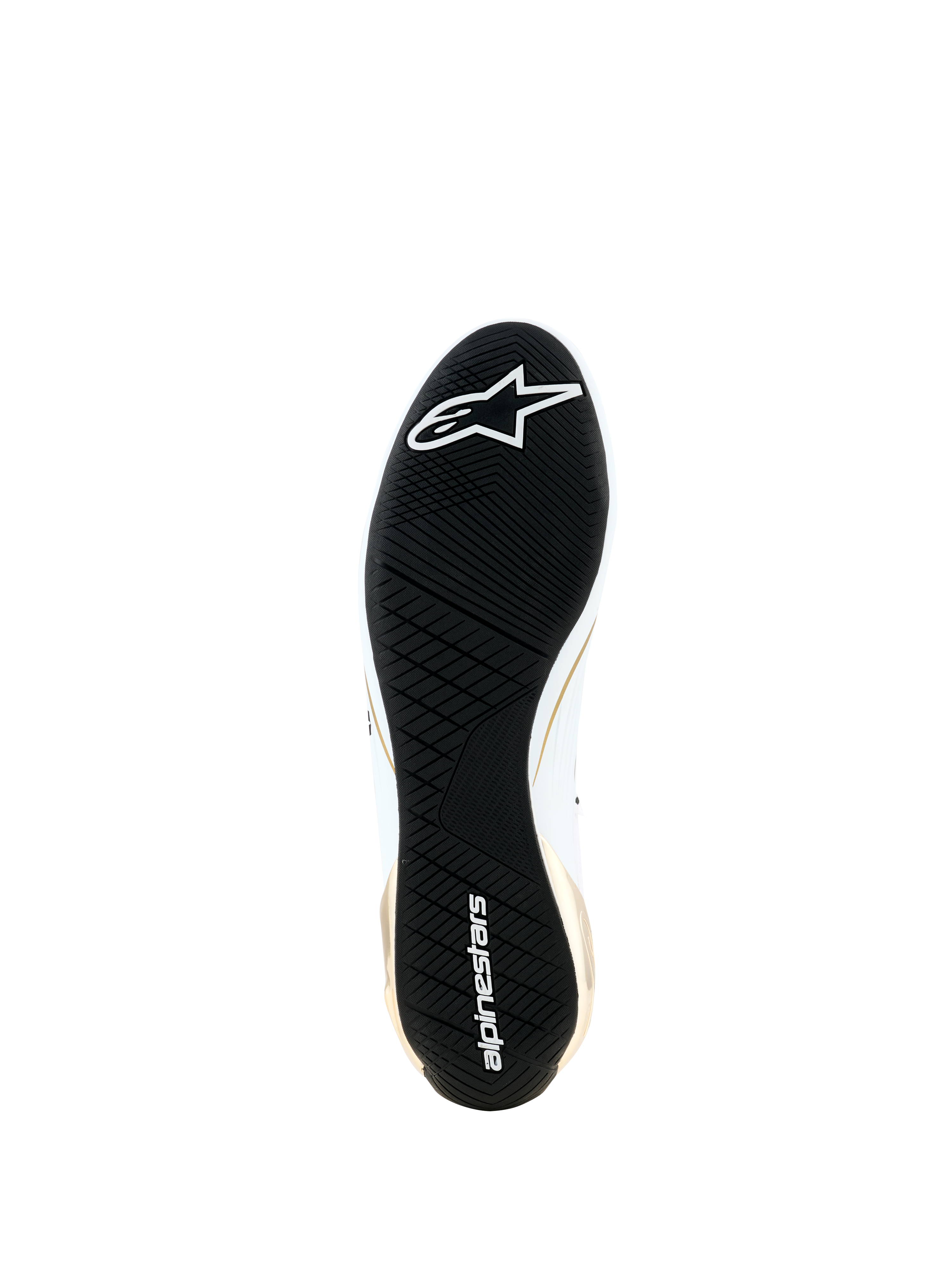 Alpinestars Supertech K Schuhe - FIA, Unteransicht der schwarzen, ultradünnen Gummiaußensohle, asymmetrisches Profil für Grip, weißes Alpinestars-Logo und Wortmarke, goldene und weiße Seitenakzente, spezialisiertes Karting-Schuhwerk