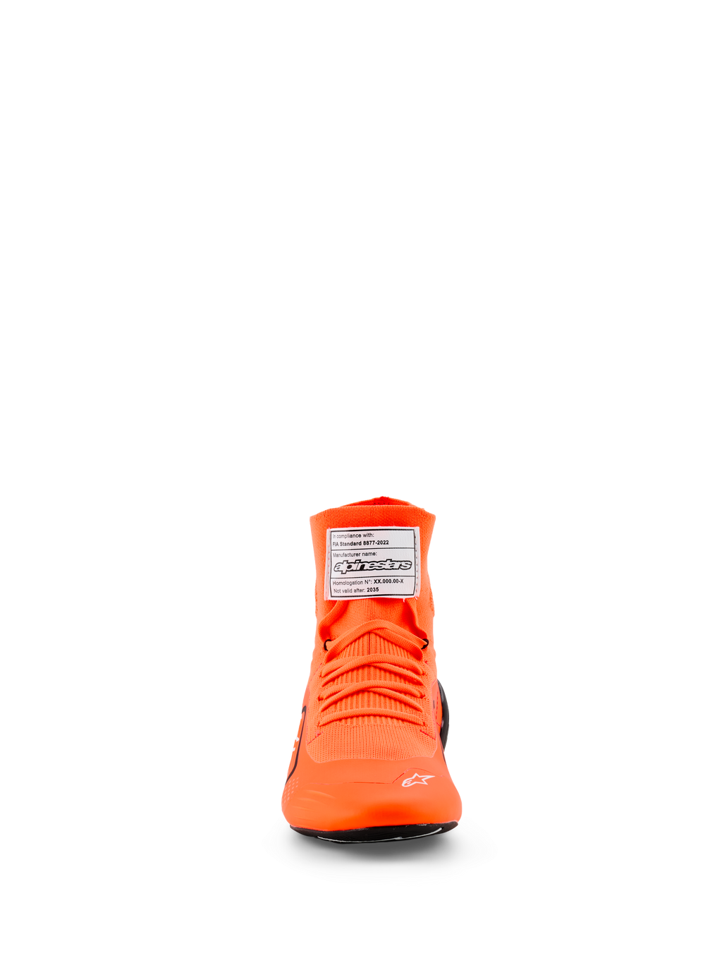 Alpinestars Supertech K Schuhe - FIA, Kartschuhe, Orange Fluo, Vorderansicht mit gestricktem Obermaterial und passenden orangefarbenen Schnürsenkeln, weißem FIA-Zertifizierungsetikett auf der Zunge und einem kleinen weißen Stern-Logo im Zehenbereich