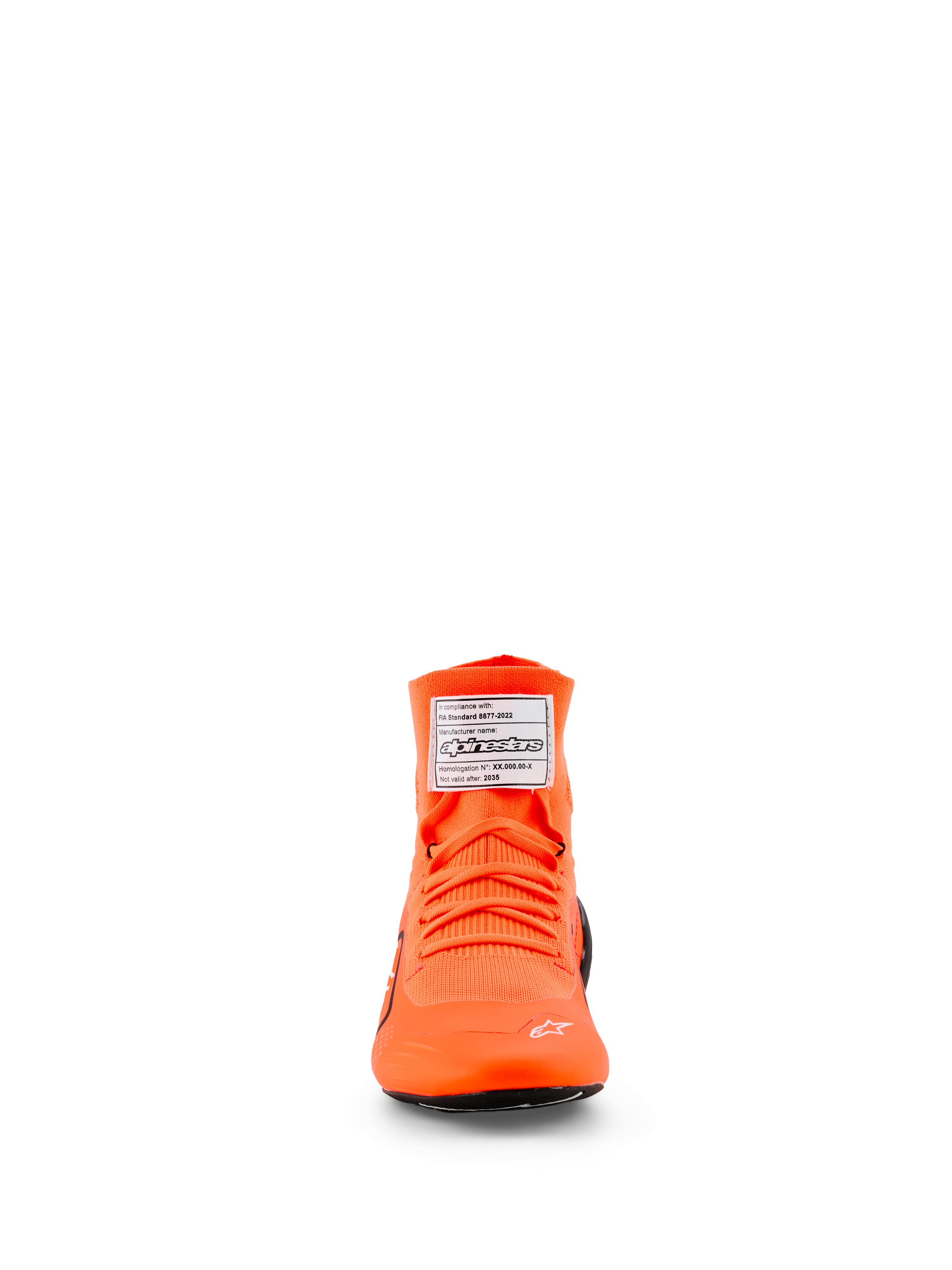 Alpinestars Supertech K Schuhe - FIA, Kartschuhe, Orange Fluo, Vorderansicht mit gestricktem Obermaterial und passenden orangefarbenen Schnürsenkeln, weißem FIA-Zertifizierungsetikett auf der Zunge und einem kleinen weißen Stern-Logo im Zehenbereich