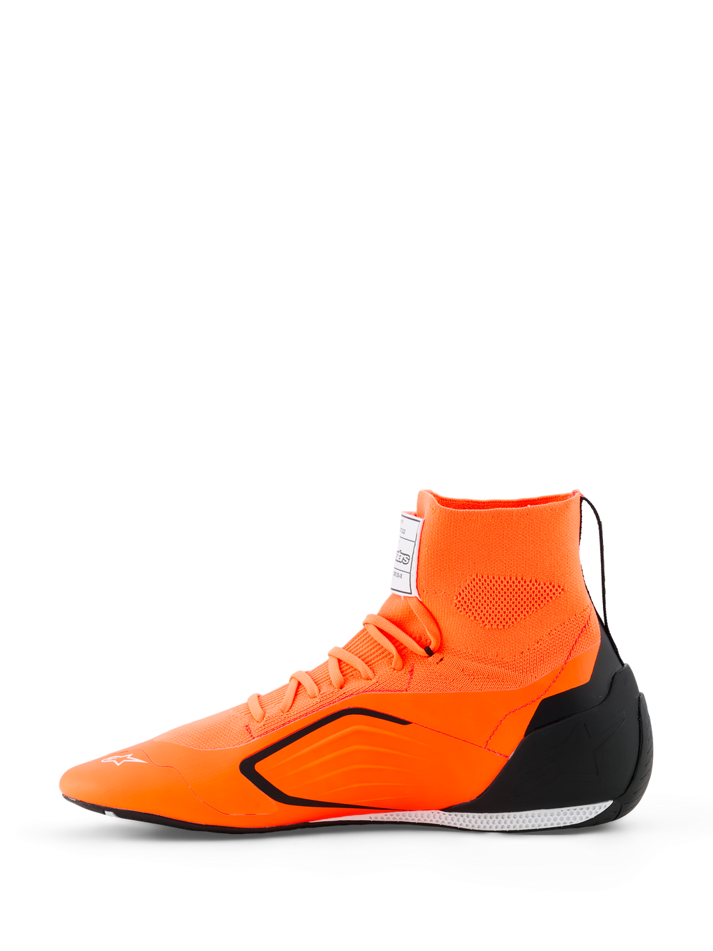 Alpinestars Supertech K Schuhe - FIA, Kart-Rennschuhe, Orange Fluo, Schwarz und Weiß, Seitenansicht mit nahtlosem gestricktem Obermaterial, integriertem Knöchelkragen, schwarzer TPU-Fersenkappe und ultradünner Performance-Außensohle.