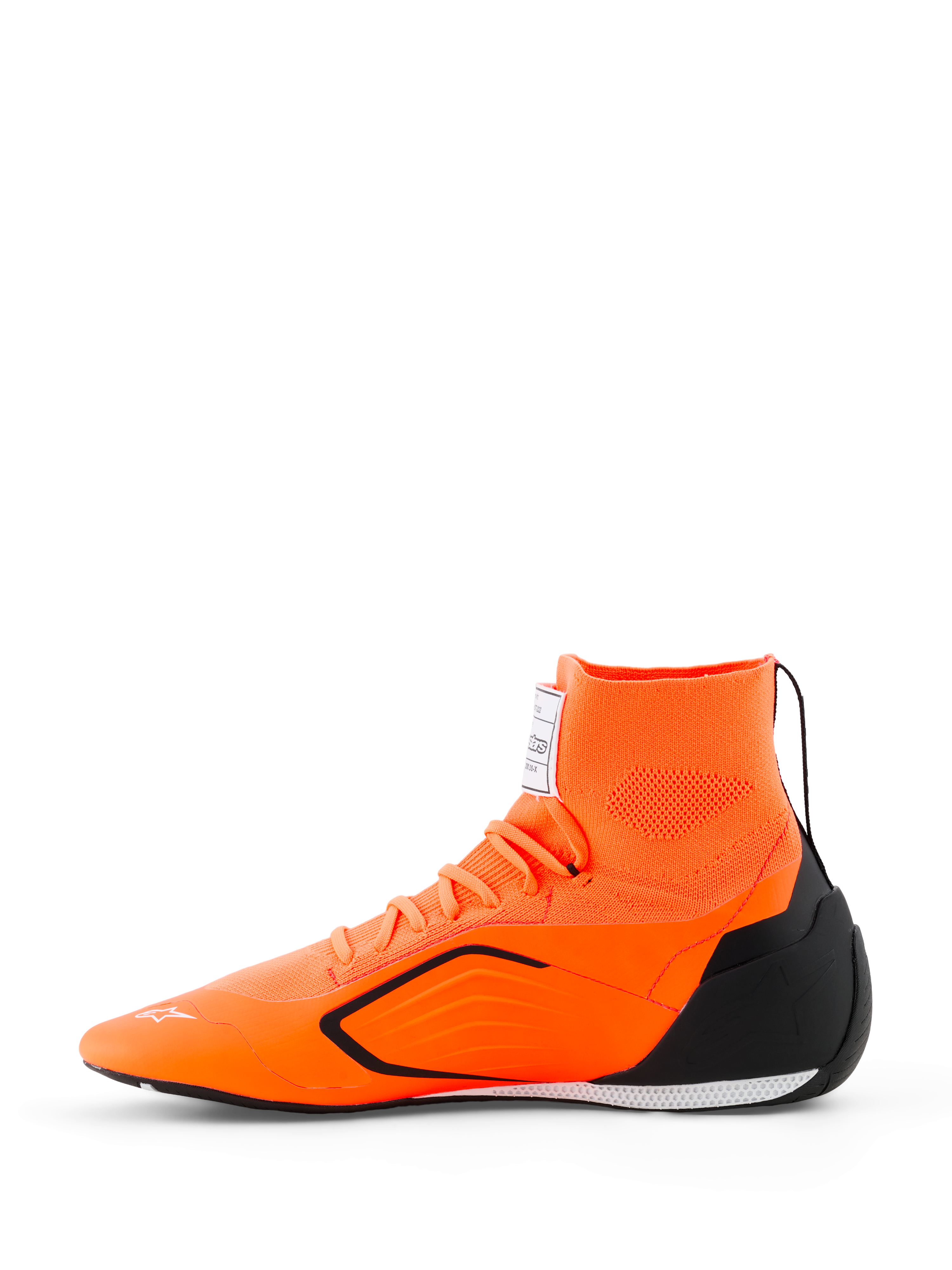 Alpinestars Supertech K Schuhe - FIA, Kart-Rennschuhe, Orange Fluo, Schwarz und Weiß, Seitenansicht mit nahtlosem gestricktem Obermaterial, integriertem Knöchelkragen, schwarzer TPU-Fersenkappe und ultradünner Performance-Außensohle.