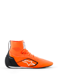 Alpinestars Supertech K Schuhe - FIA, Kartschuhe, Orange Fluo mit schwarzen und weißen Akzenten, hohe Strickkonstruktion mit weißem Sternlogo, schwarze TPU-Fersenkappe, ultradünne Rennsohle, Seitenansicht