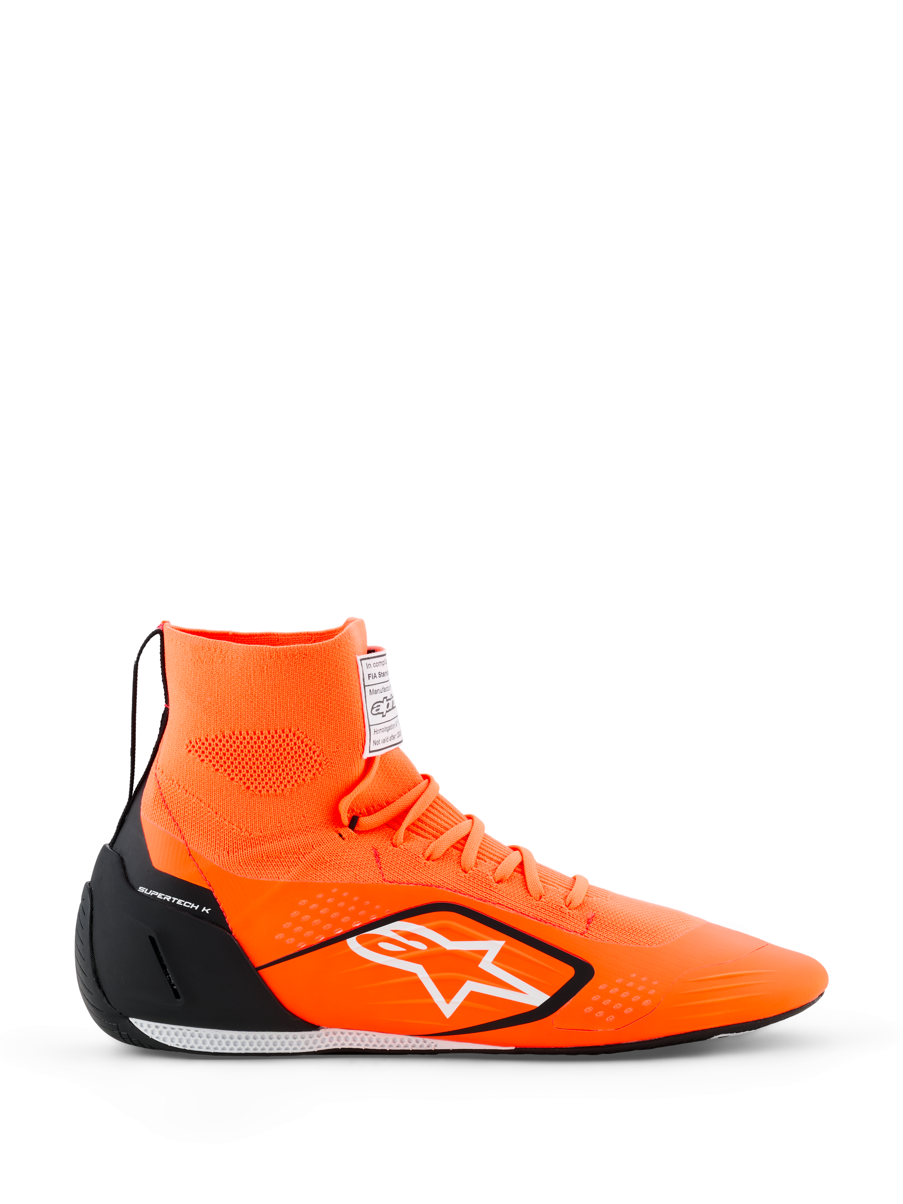 Alpinestars Supertech K Schuhe - FIA, Kartschuhe, Orange Fluo mit schwarzen und weißen Akzenten, hohe Strickkonstruktion mit weißem Sternlogo, schwarze TPU-Fersenkappe, ultradünne Rennsohle, Seitenansicht