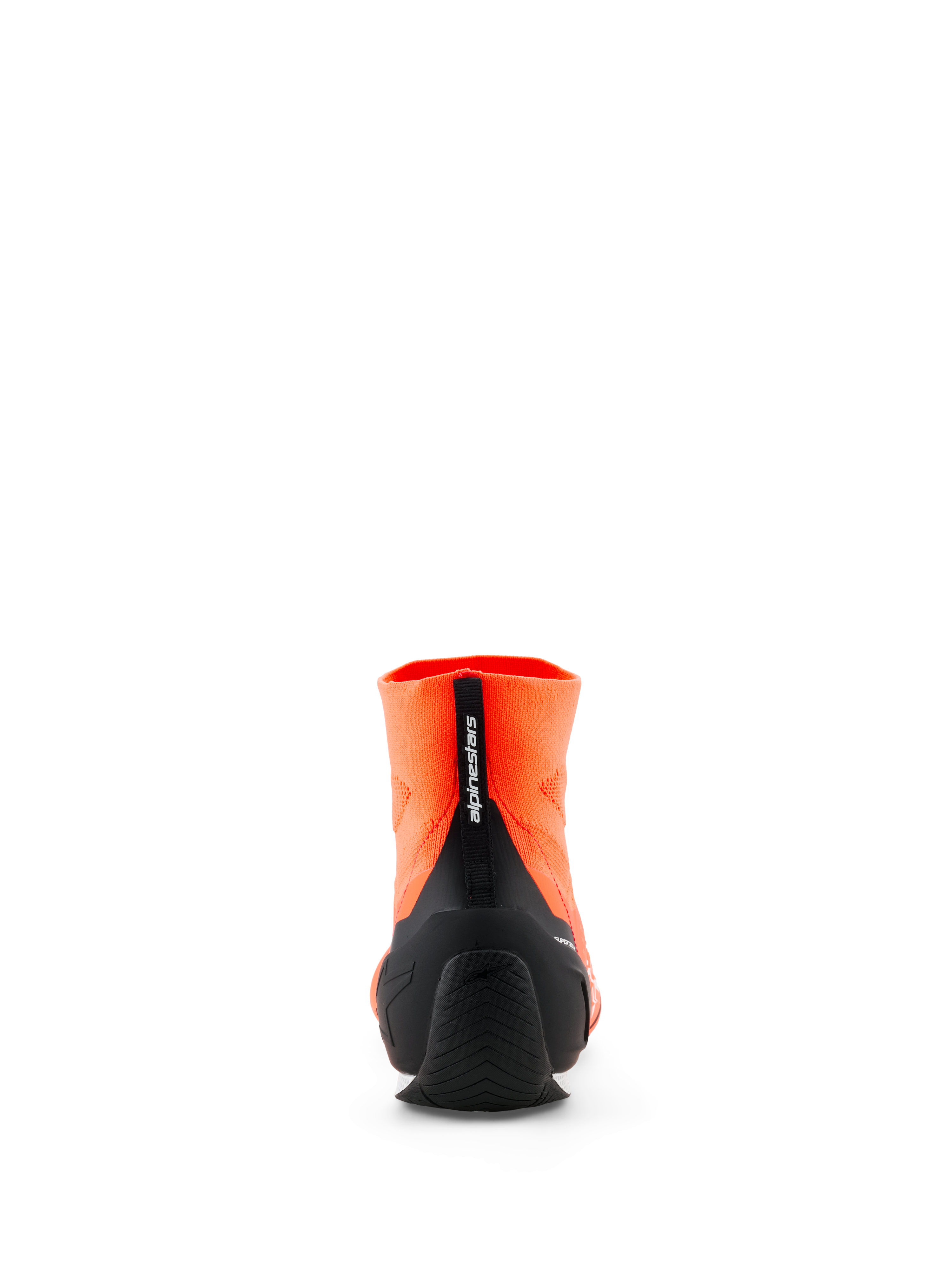 Alpinestars Supertech K Schuhe - FIA, Karting-Schuhe, Orange Fluo und Schwarz, Rückansicht mit gestricktem Obermaterial, schwarzer gespritzter TPU-Fersenkappe und vertikaler Anziehhilfe mit Alpinestars-Branding, professionelles Motorsport-Schuhwerk