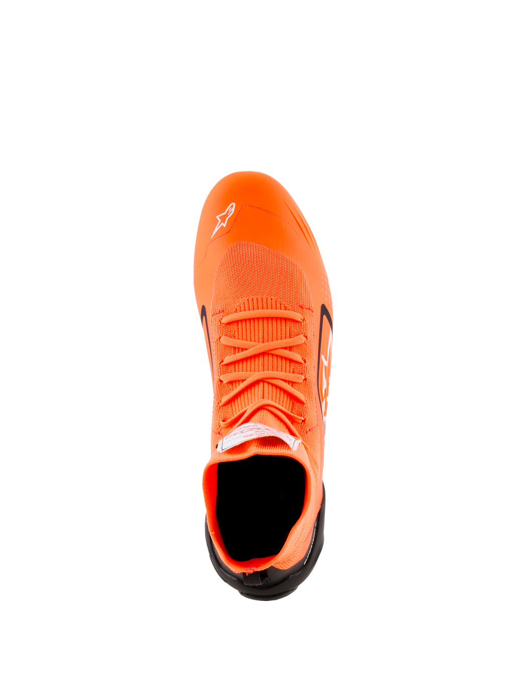Alpinestars Supertech K Schuhe - FIA, Karting-Schuhe, Fluo-Orange Schwarz Weiß, Draufsicht mit Darstellung der gestrickten Obermaterialkonstruktion, orangefarbene Schnürsenkel, weißes Astars-Logo auf der Zehenpartie und schwarze Fersenkappe