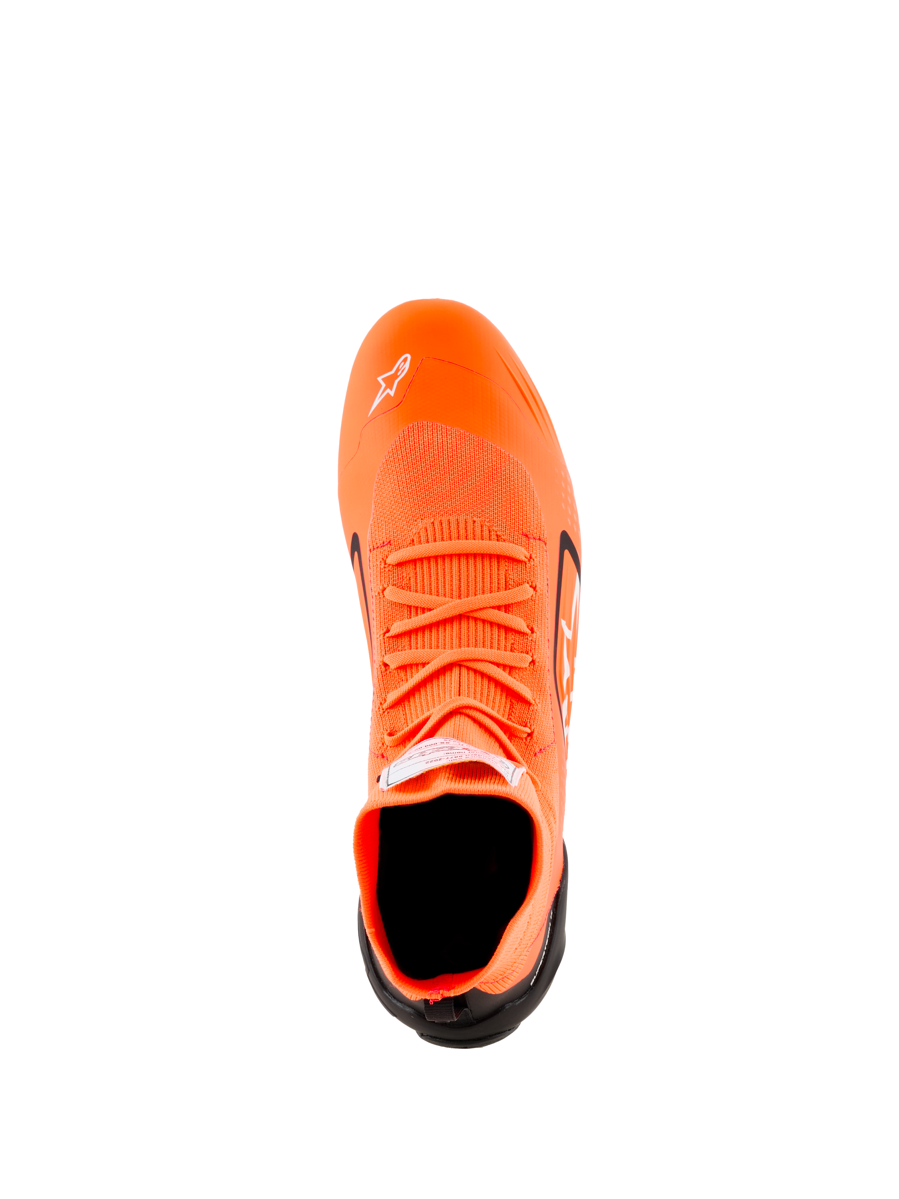 Alpinestars Supertech K Schuhe - FIA, Karting-Schuhe, Fluo-Orange Schwarz Weiß, Draufsicht mit Darstellung der gestrickten Obermaterialkonstruktion, orangefarbene Schnürsenkel, weißes Astars-Logo auf der Zehenpartie und schwarze Fersenkappe