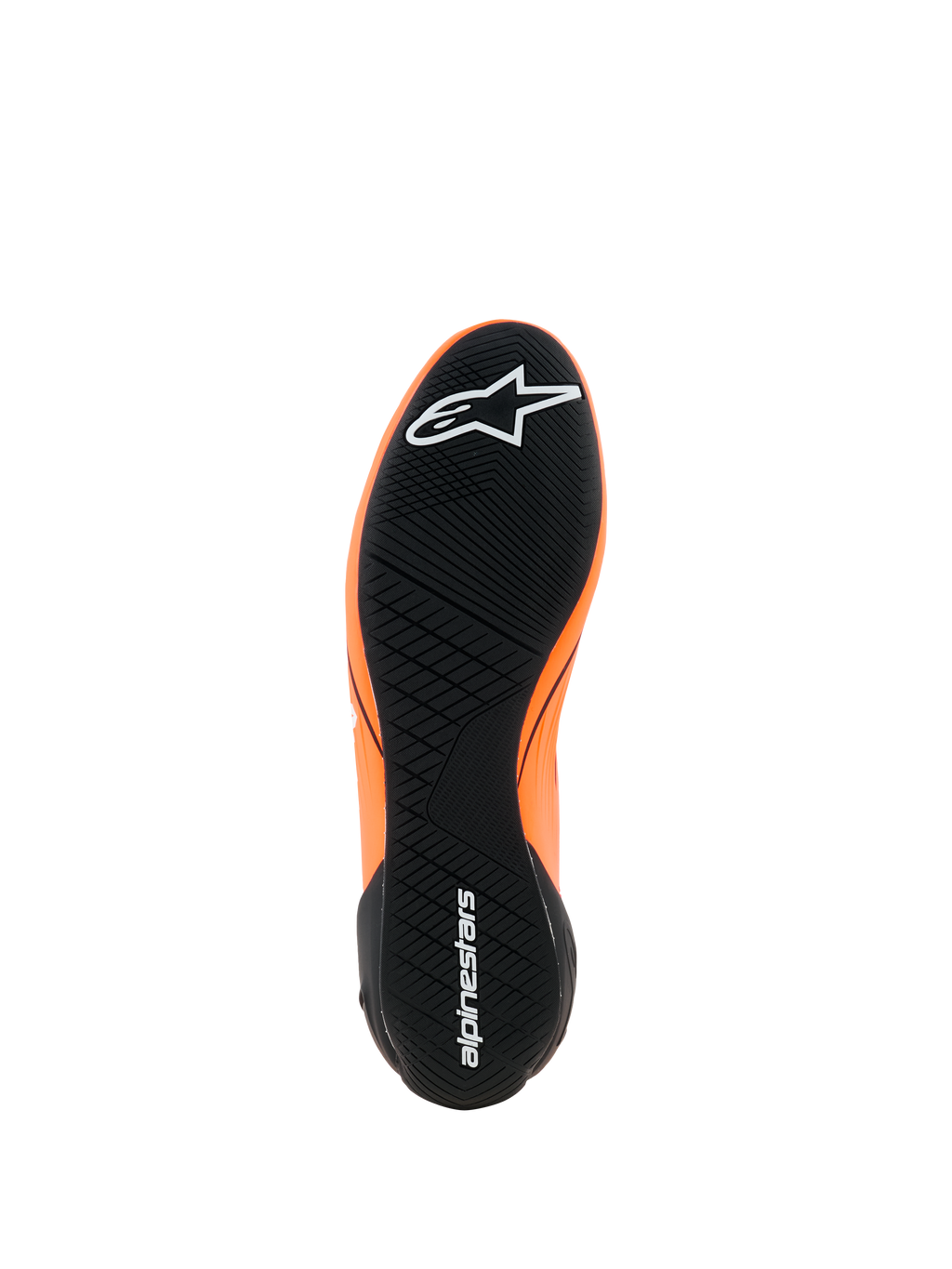 Alpinestars Supertech K Schuhe - FIA, Kart-Schuhe, Orange Fluo, Schwarz und Weiß, Ansicht der schwarzen Gummiaußensohle mit asymmetrischem Profil, weiße Alpinestars-Logos an Zehe und Ferse, ultradünne Performance-Sohle