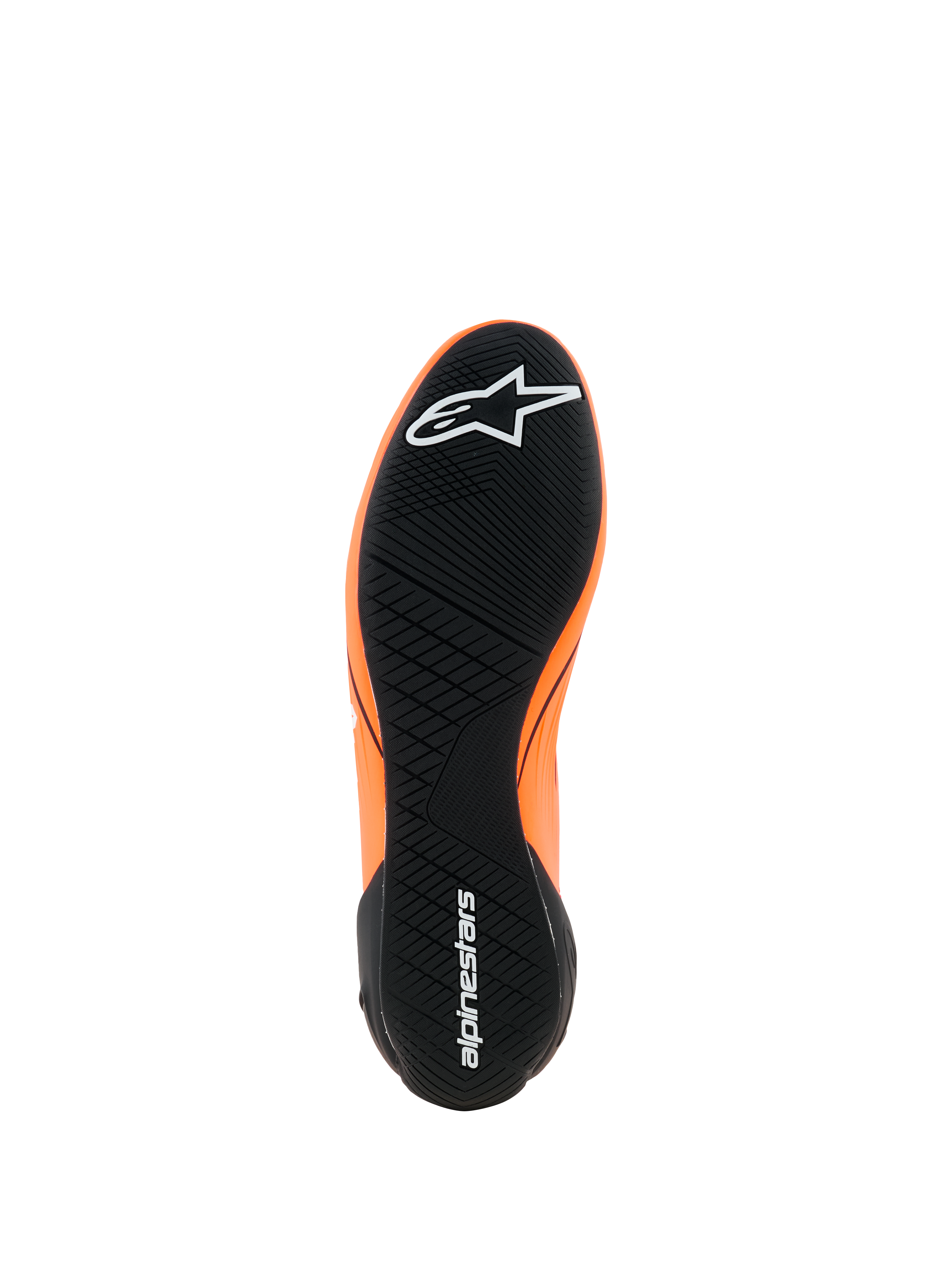 Alpinestars Supertech K Schuhe - FIA, Kart-Schuhe, Orange Fluo, Schwarz und Weiß, Ansicht der schwarzen Gummiaußensohle mit asymmetrischem Profil, weiße Alpinestars-Logos an Zehe und Ferse, ultradünne Performance-Sohle