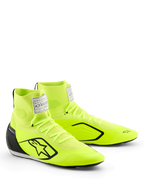 Alpinestars Supertech K Schuhe, Karting-Schuhe, Neongelb, Schwarz und Weiß, leuchtend neongelbes gestricktes Obermaterial mit schwarzem Stern-Logo, eingespritzte TPU-Fersenkappe, weißes FIA-Label auf der Zunge, schnittiges Motorsport-Design