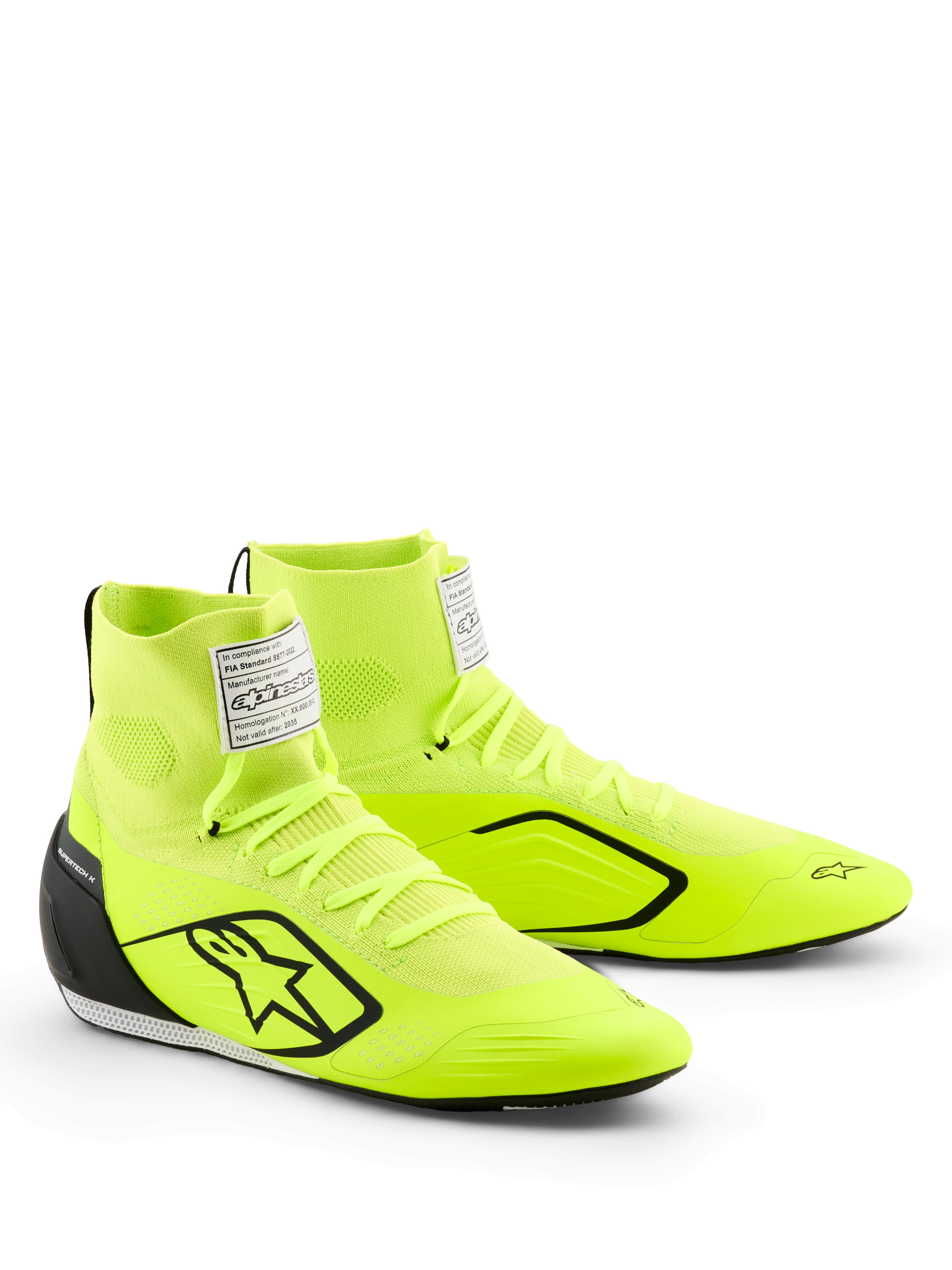 Alpinestars Supertech K Schuhe, Karting-Schuhe, Neongelb, Schwarz und Weiß, leuchtend neongelbes gestricktes Obermaterial mit schwarzem Stern-Logo, eingespritzte TPU-Fersenkappe, weißes FIA-Label auf der Zunge, schnittiges Motorsport-Design