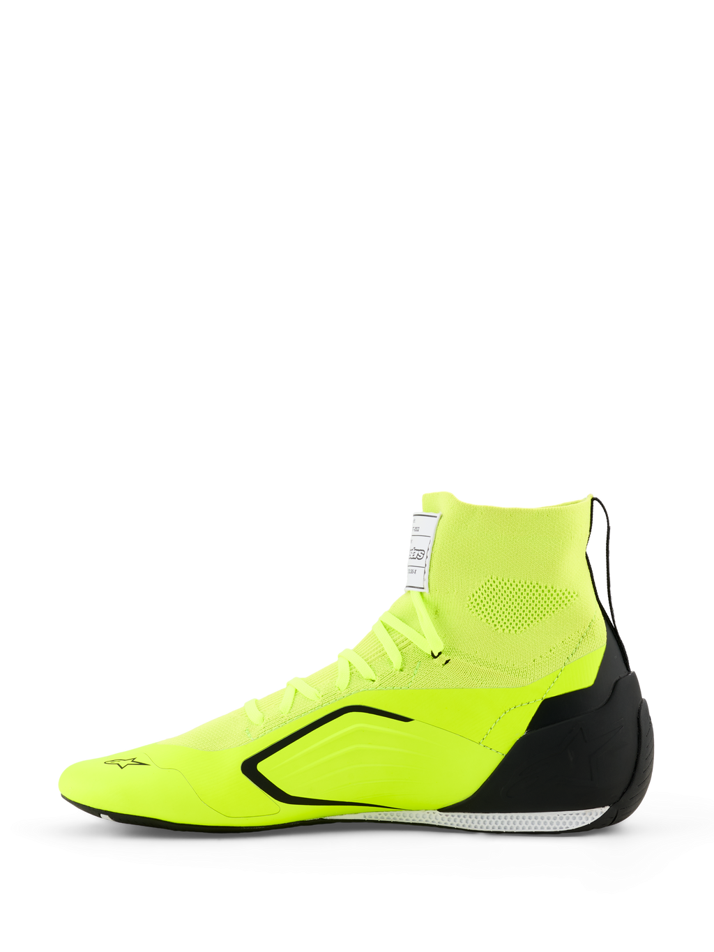 Alpinestars Supertech K Schuhe - FIA, Karting-Schuhe, Gelb Fluo Schwarz Weiß, Seitenansicht mit vollständig gestricktem Obermaterial und sockenähnlichem Kragen, schwarzer TPU-Fersenkappe, dünner weiß-schwarzer Außensohle sowie Alpinestars-Branding auf der Zehenpartie und Zunge
