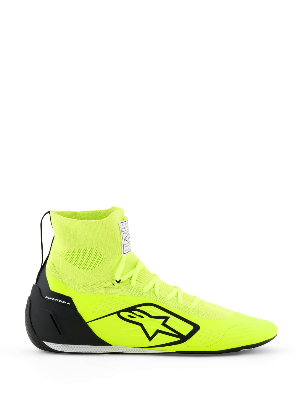 Alpinestars Supertech K Schuhe - FIA, Kart-Schuhe, Gelb Fluo und Schwarz, Seitenprofil-Ansicht, vollständig gestricktes Obermaterial mit hohem Knöchelkragen, schwarze TPU-Fersenkappe, großes schwarzes Alpinestars-Logo, leichtes Rennsport-Schuhwerk