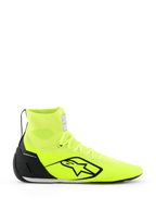 Alpinestars Supertech K Schuhe - FIA, Kart-Schuhe, Gelb Fluo und Schwarz, Seitenprofil-Ansicht, vollständig gestricktes Obermaterial mit hohem Knöchelkragen, schwarze TPU-Fersenkappe, großes schwarzes Alpinestars-Logo, leichtes Rennsport-Schuhwerk