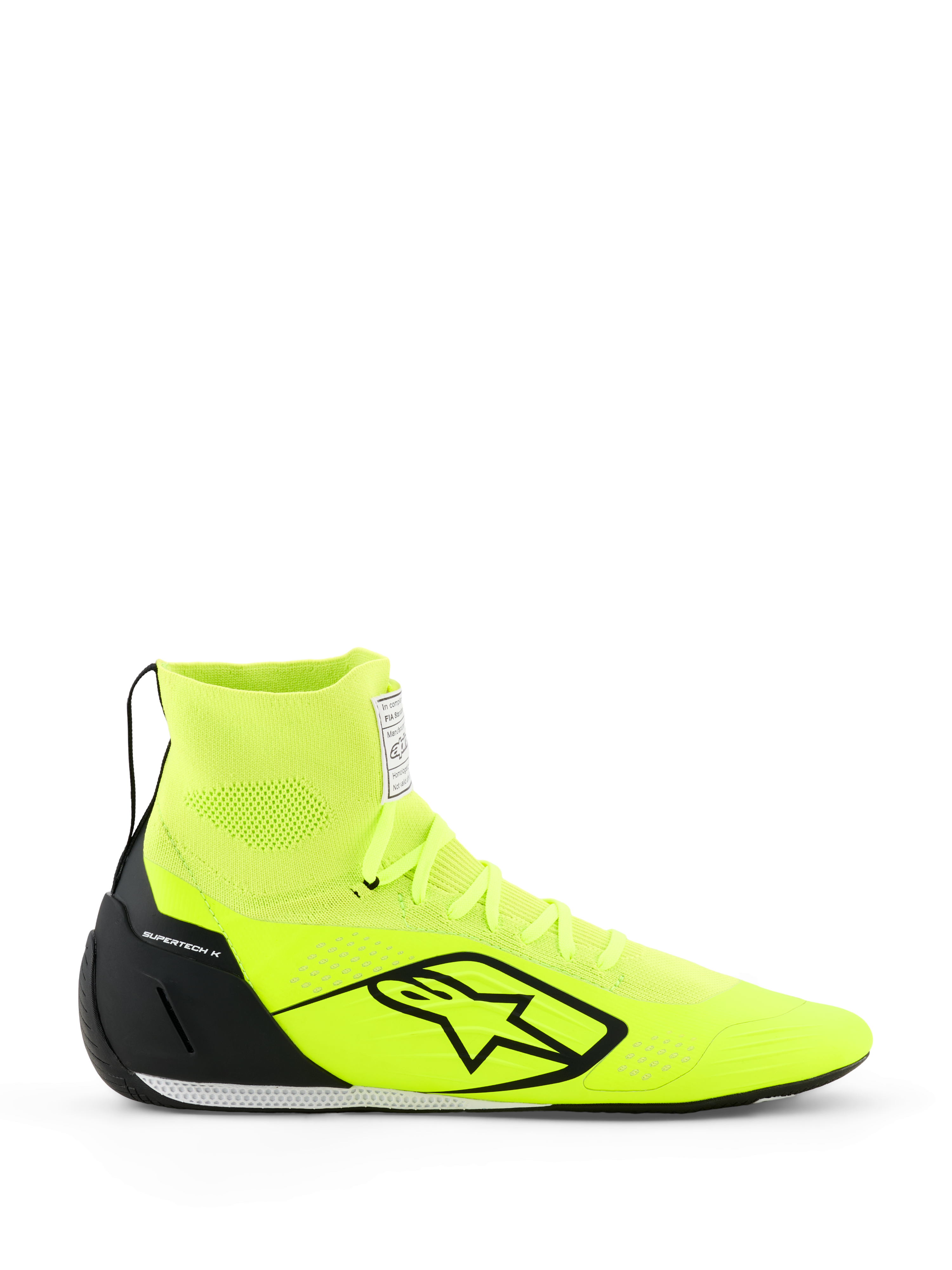 Alpinestars Supertech K Schuhe - FIA, Kart-Schuhe, Gelb Fluo und Schwarz, Seitenprofil-Ansicht, vollständig gestricktes Obermaterial mit hohem Knöchelkragen, schwarze TPU-Fersenkappe, großes schwarzes Alpinestars-Logo, leichtes Rennsport-Schuhwerk