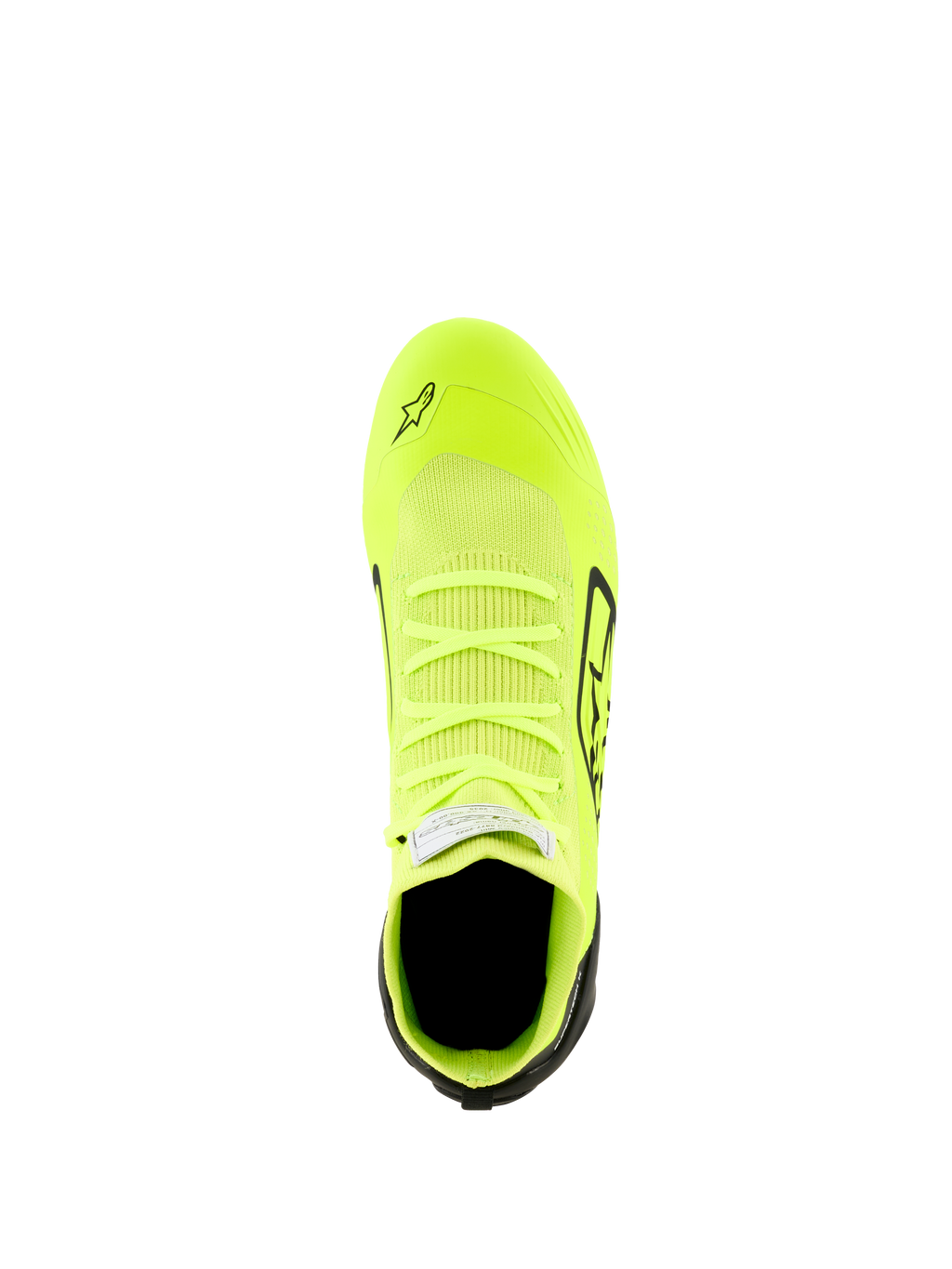 Alpinestars Supertech K Schuhe - FIA, Kart-Schuhe, Gelb Fluo, Schwarz und Weiß, Draufsicht mit vollständig gestricktem Obermaterial, fluoreszierend gelber Korpus mit schwarzen Akzenten an Ferse und Seiten, schlankes aerodynamisches Profil für Präzisionsrennen