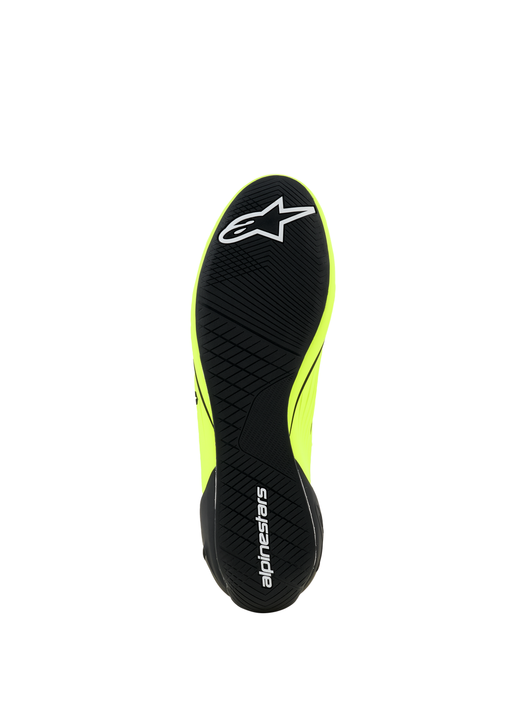 Alpinestars Supertech K Schuhe - FIA, Kart-Schuhe, Gelb Fluo Schwarz Weiß, Ansicht der Außensohle mit schwarzem asymmetrischem Profil, weißes Stern-Logo auf dem Vorderfuß und Alpinestars-Schriftzug an der Ferse, dünne Gummisohle für optimales Pedalgefühl.