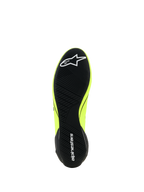 Alpinestars Supertech K Schuhe - FIA, Kart-Schuhe, Gelb Fluo Schwarz Weiß, Ansicht der Außensohle mit schwarzem asymmetrischem Profil, weißes Stern-Logo auf dem Vorderfuß und Alpinestars-Schriftzug an der Ferse, dünne Gummisohle für optimales Pedalgefühl.