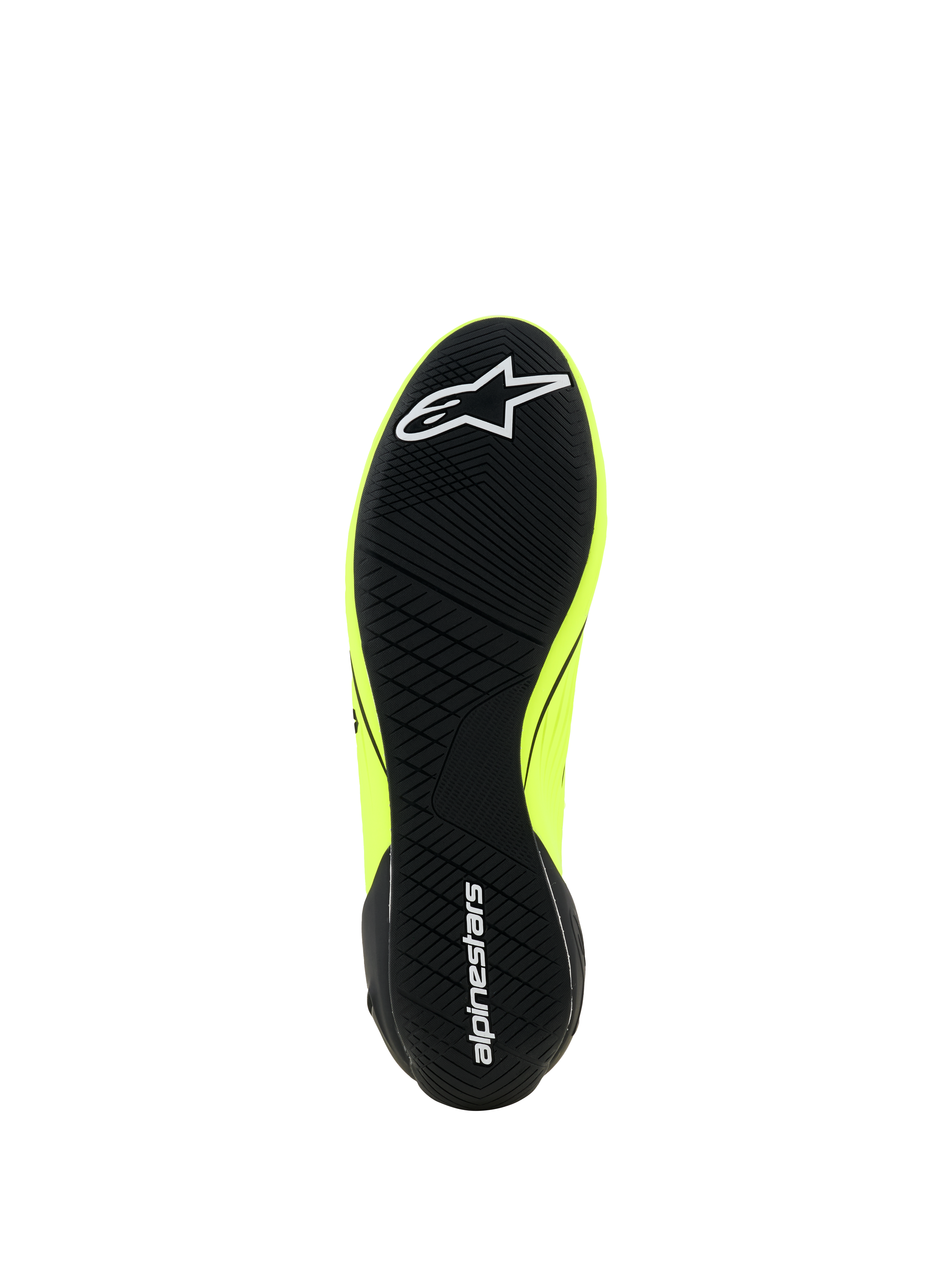 Alpinestars Supertech K Schuhe - FIA, Kart-Schuhe, Gelb Fluo Schwarz Weiß, Ansicht der Außensohle mit schwarzem asymmetrischem Profil, weißes Stern-Logo auf dem Vorderfuß und Alpinestars-Schriftzug an der Ferse, dünne Gummisohle für optimales Pedalgefühl.