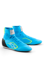 Alpinestars Supertech K Schuhe - FIA, Karting-Schuhe, Hellblau mit schwarzen und gelben Fluo-Akzenten, hohes gestricktes Obermaterial, weißes Astars-Logo an der Seite, schwarze TPU-Fersenkappe, professionelles Motorsport-Performance-Schuhwerk