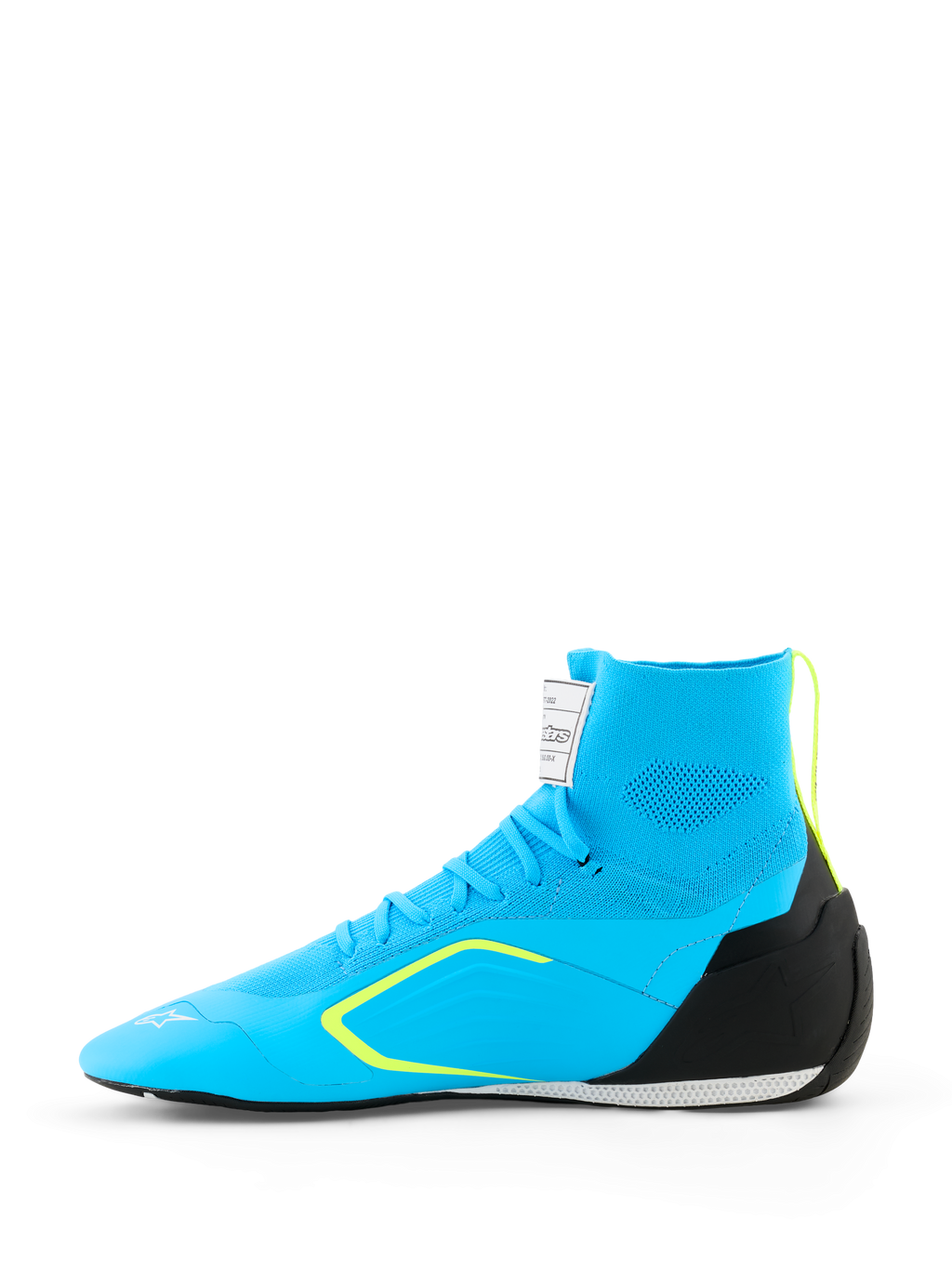 Alpinestars Supertech K Schuhe - FIA, Kart-Schuhe, Hellblau mit schwarzen und neongelben Akzenten, Seitenansicht mit gestricktem Obermaterial, TPU-Fersenkappe und dünner Rennsohle
