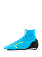 Alpinestars Supertech K Schuhe - FIA, Kart-Schuhe, Hellblau mit schwarzen und neongelben Akzenten, Seitenansicht mit gestricktem Obermaterial, TPU-Fersenkappe und dünner Rennsohle