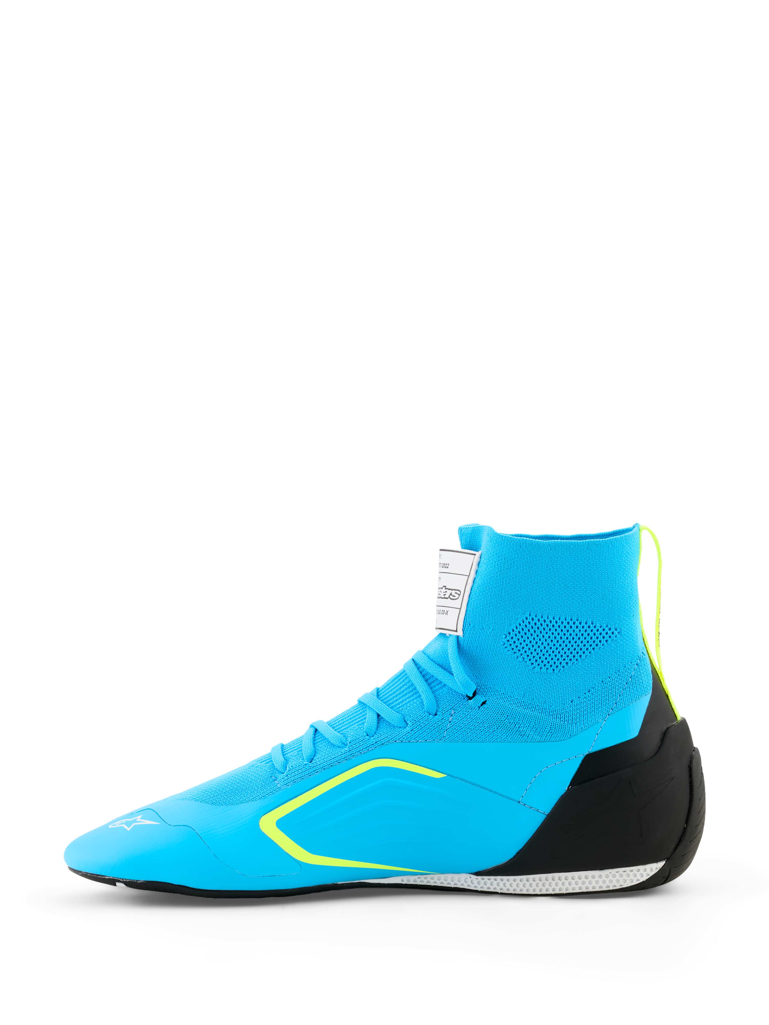 Alpinestars Supertech K Schuhe - FIA, Kart-Schuhe, Hellblau mit schwarzen und neongelben Akzenten, Seitenansicht mit gestricktem Obermaterial, TPU-Fersenkappe und dünner Rennsohle