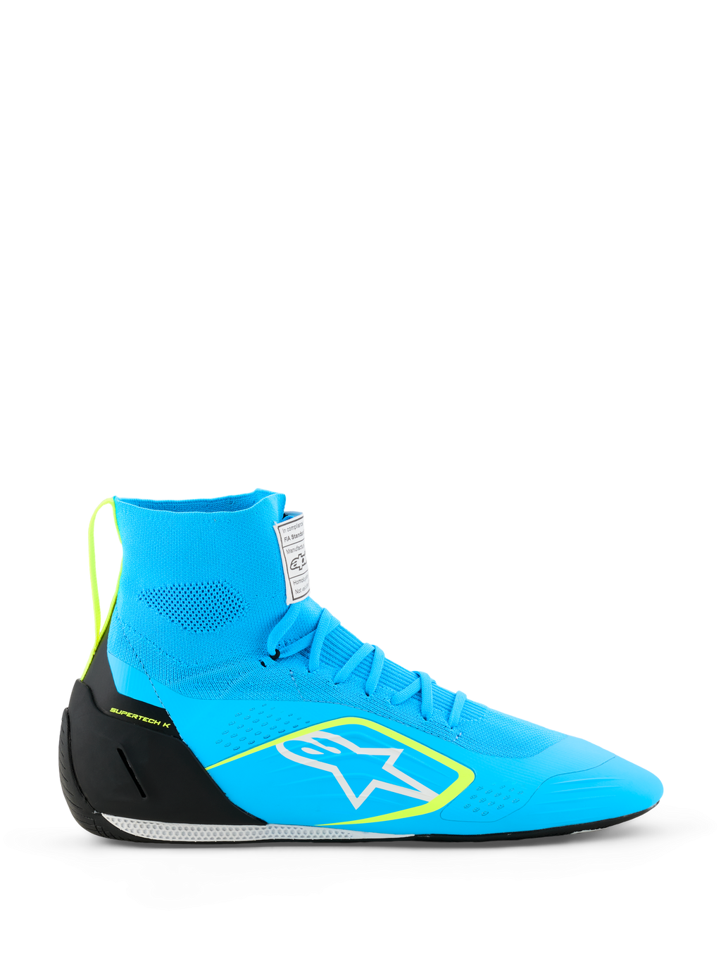 Alpinestars Supertech K Schuhe FIA, Kart-Rennschuhe, Hellblau mit schwarzen und gelben Fluo-Akzenten, High-Top-Design mit vollständig gestricktem Obermaterial, weißes Stern-Logo, professionelle Rennschuhe