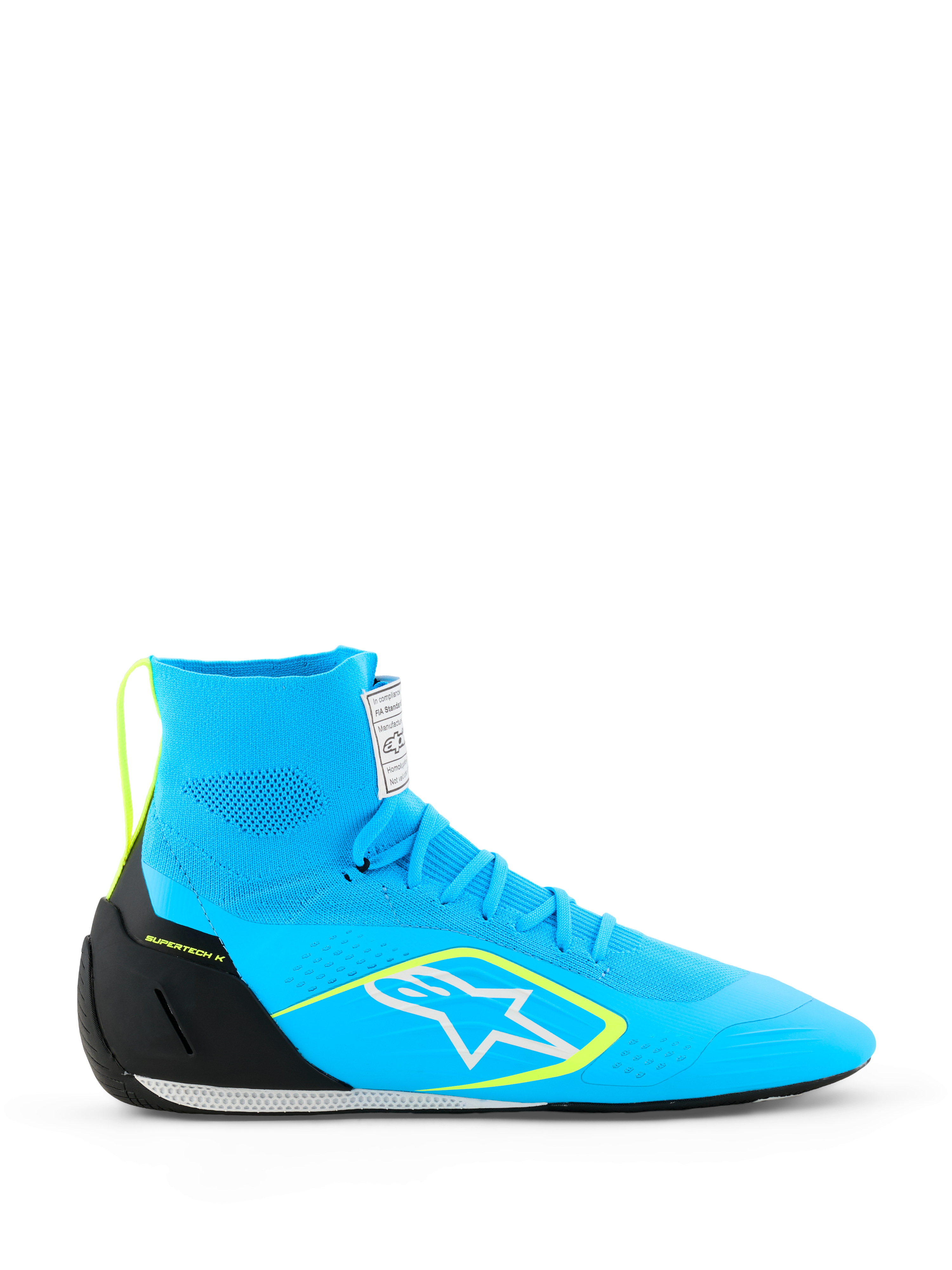 Alpinestars Supertech K Schuhe FIA, Kart-Rennschuhe, Hellblau mit schwarzen und gelben Fluo-Akzenten, High-Top-Design mit vollständig gestricktem Obermaterial, weißes Stern-Logo, professionelle Rennschuhe