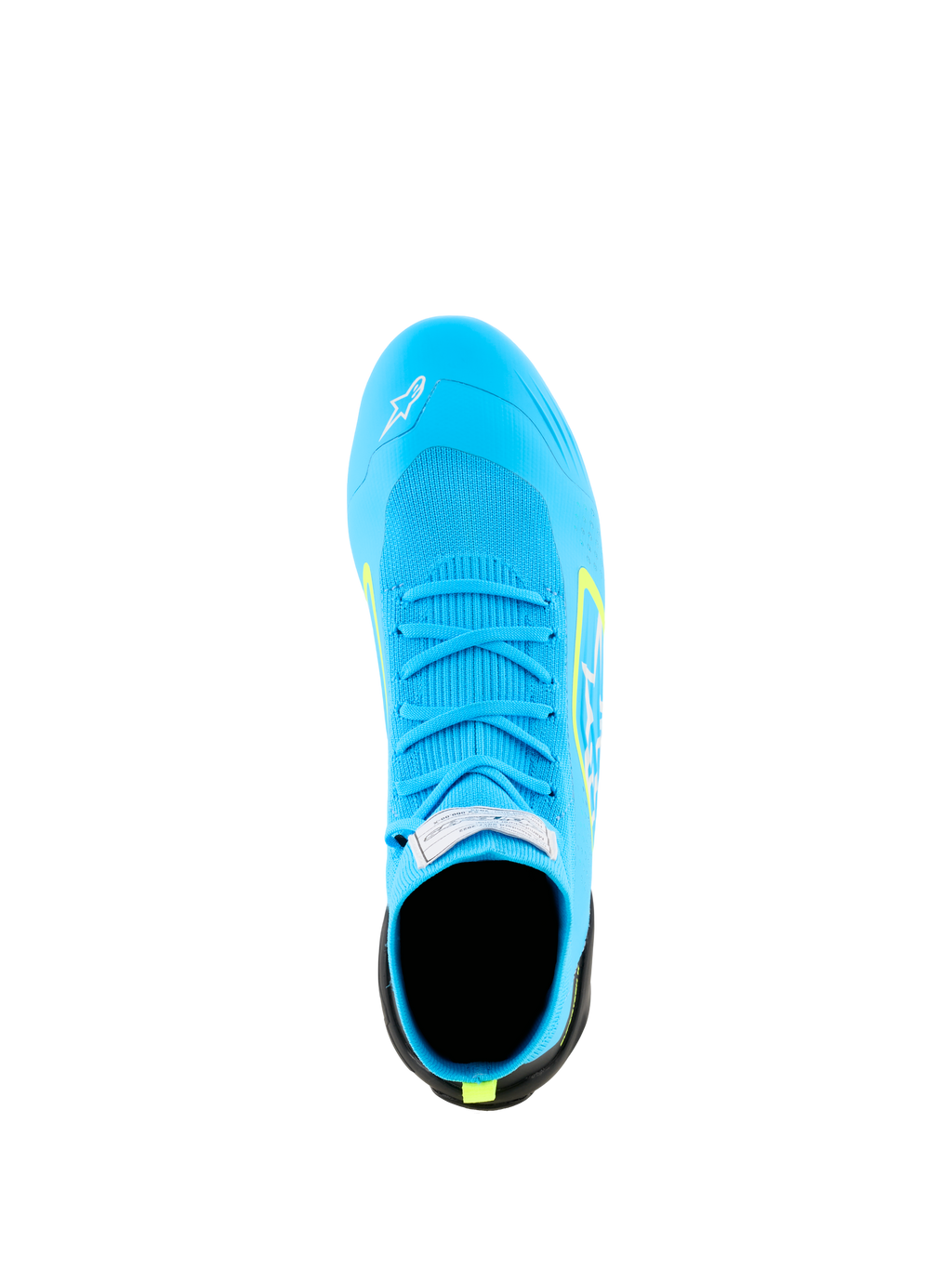 Alpinestars Supertech K Schuhe - FIA, Karting-Schuhe, Hellblau mit Gelb Fluo Akzenten, Draufsicht zeigt das vollständig gestrickte Obermaterial, passende blaue Schnürsenkel und FIA-Zertifizierungsetikett auf der Zunge