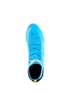 Alpinestars Supertech K Schuhe - FIA, Karting-Schuhe, Hellblau mit Gelb Fluo Akzenten, Draufsicht zeigt das vollständig gestrickte Obermaterial, passende blaue Schnürsenkel und FIA-Zertifizierungsetikett auf der Zunge