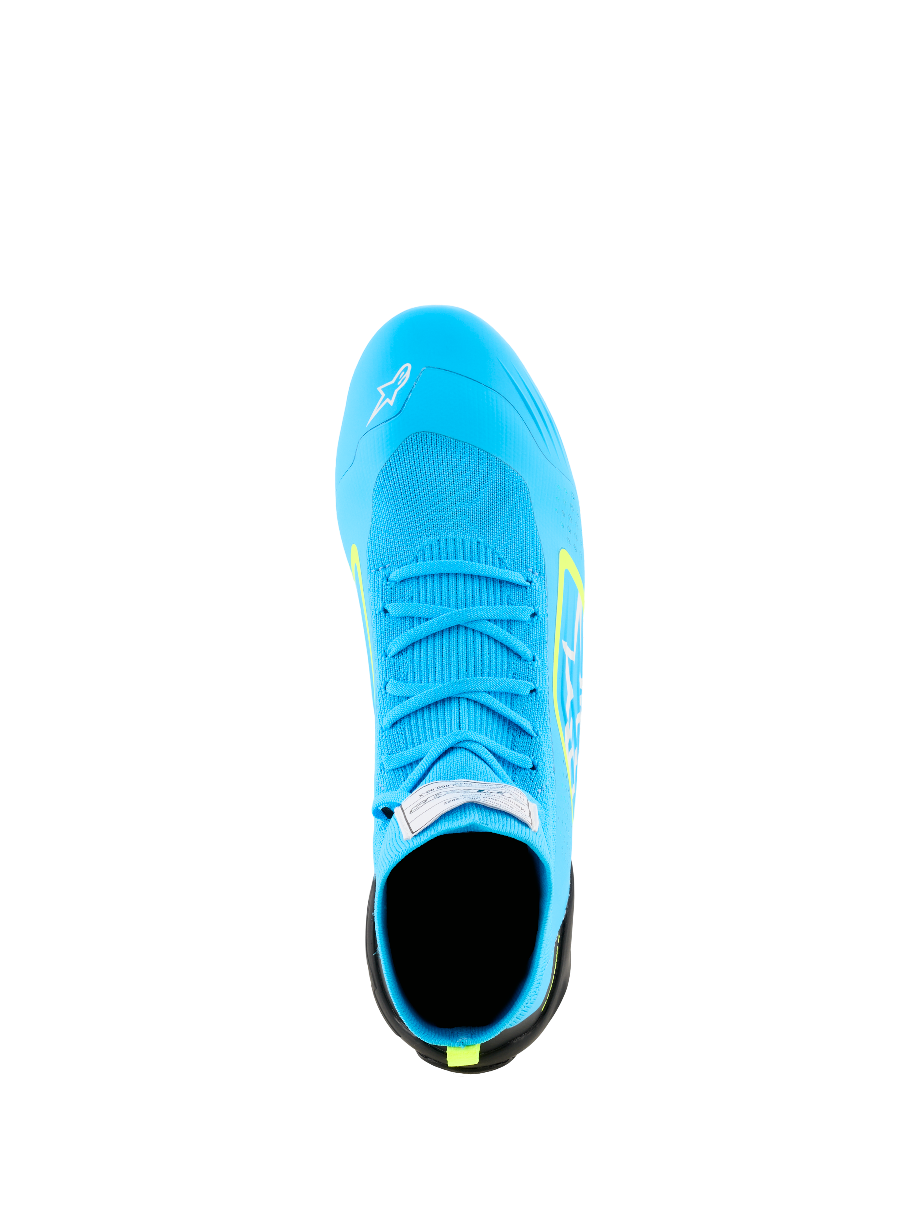Alpinestars Supertech K Schuhe - FIA, Karting-Schuhe, Hellblau mit Gelb Fluo Akzenten, Draufsicht zeigt das vollständig gestrickte Obermaterial, passende blaue Schnürsenkel und FIA-Zertifizierungsetikett auf der Zunge