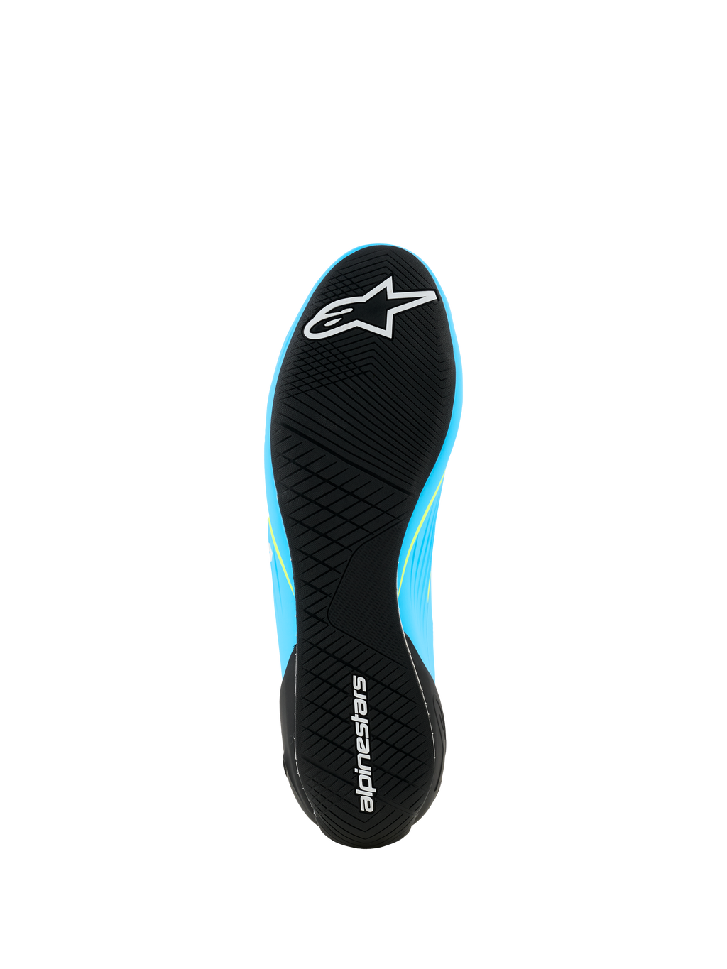 Alpinestars Supertech K Schuhe - FIA, Kart-Schuhe, Hellblau und Schwarz mit gelben Fluo-Akzenten, Unteransicht der ultradünnen Gummiaußensohle mit asymmetrischem Profil und Alpinestars-Branding