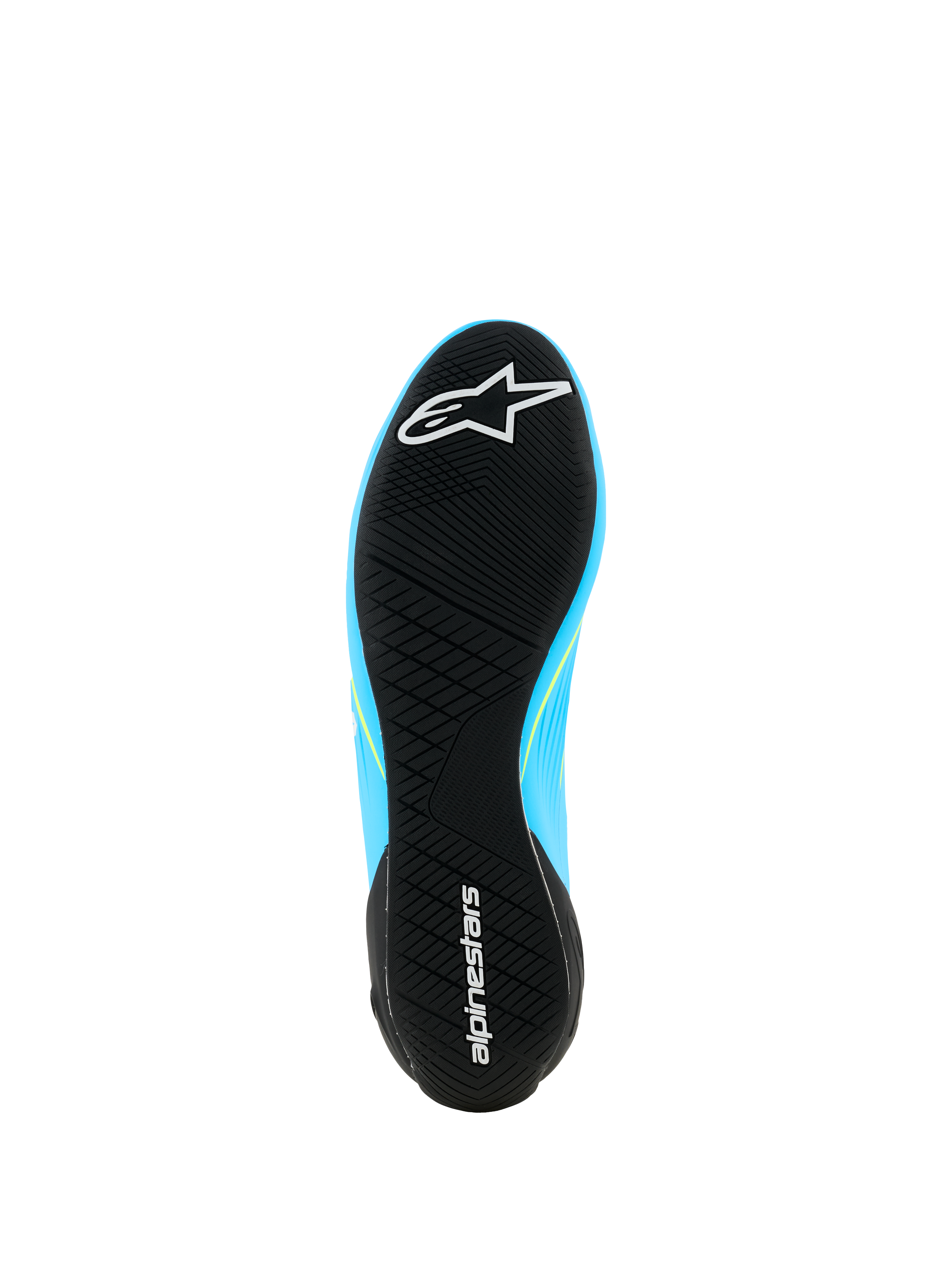 Alpinestars Supertech K Schuhe - FIA, Kart-Schuhe, Hellblau und Schwarz mit gelben Fluo-Akzenten, Unteransicht der ultradünnen Gummiaußensohle mit asymmetrischem Profil und Alpinestars-Branding