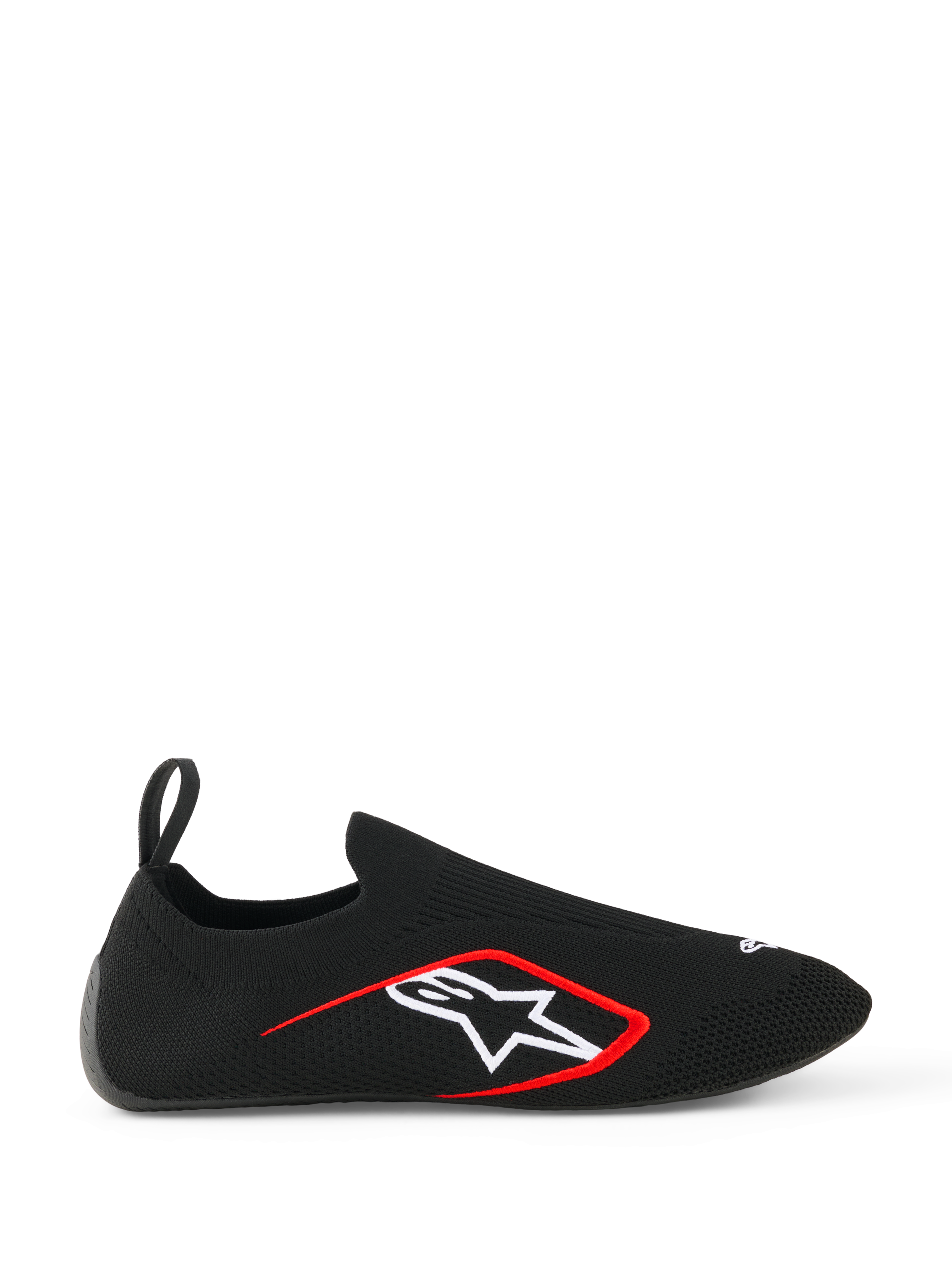 Alpinestars Tech Gaming-Schuhe, Sim-Racing-Schuhe, Schwarz, Seitenprofil mit nahtlosem, gestricktem Stretch-Obermaterial, weißes Alpinestars-Sternlogo mit roter Umrandung, hintere Zuglasche, sockenähnliche Passform für virtuelles Racing