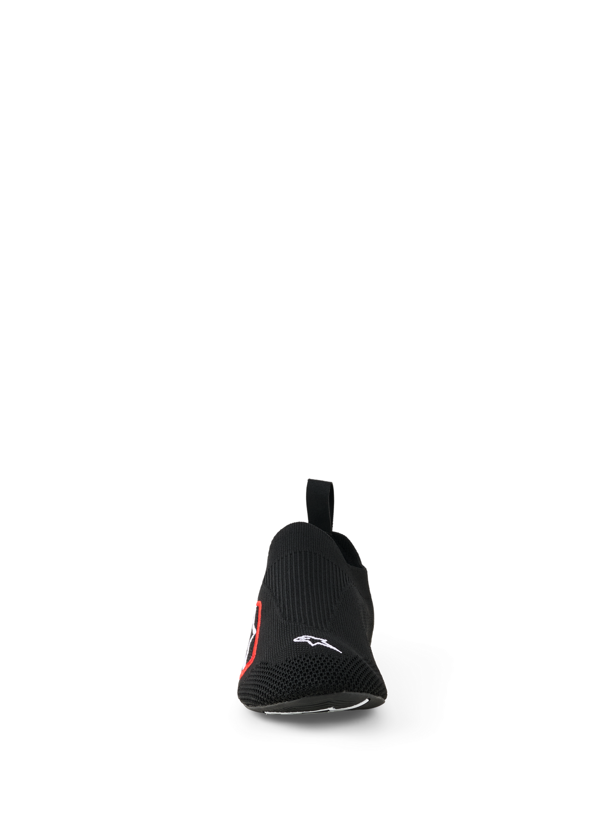 Alpinestars Tech Gaming-Schuhe, Sim-Racing-Schuhe, Schwarz, Frontansicht mit nahtlosem gestricktem Stretch-Obermaterial, kleines weißes Alpinestars-Logo im Zehenbereich, rot-weißes Seitenlogo, leichtes Design für Pedalsensibilität und Komfort