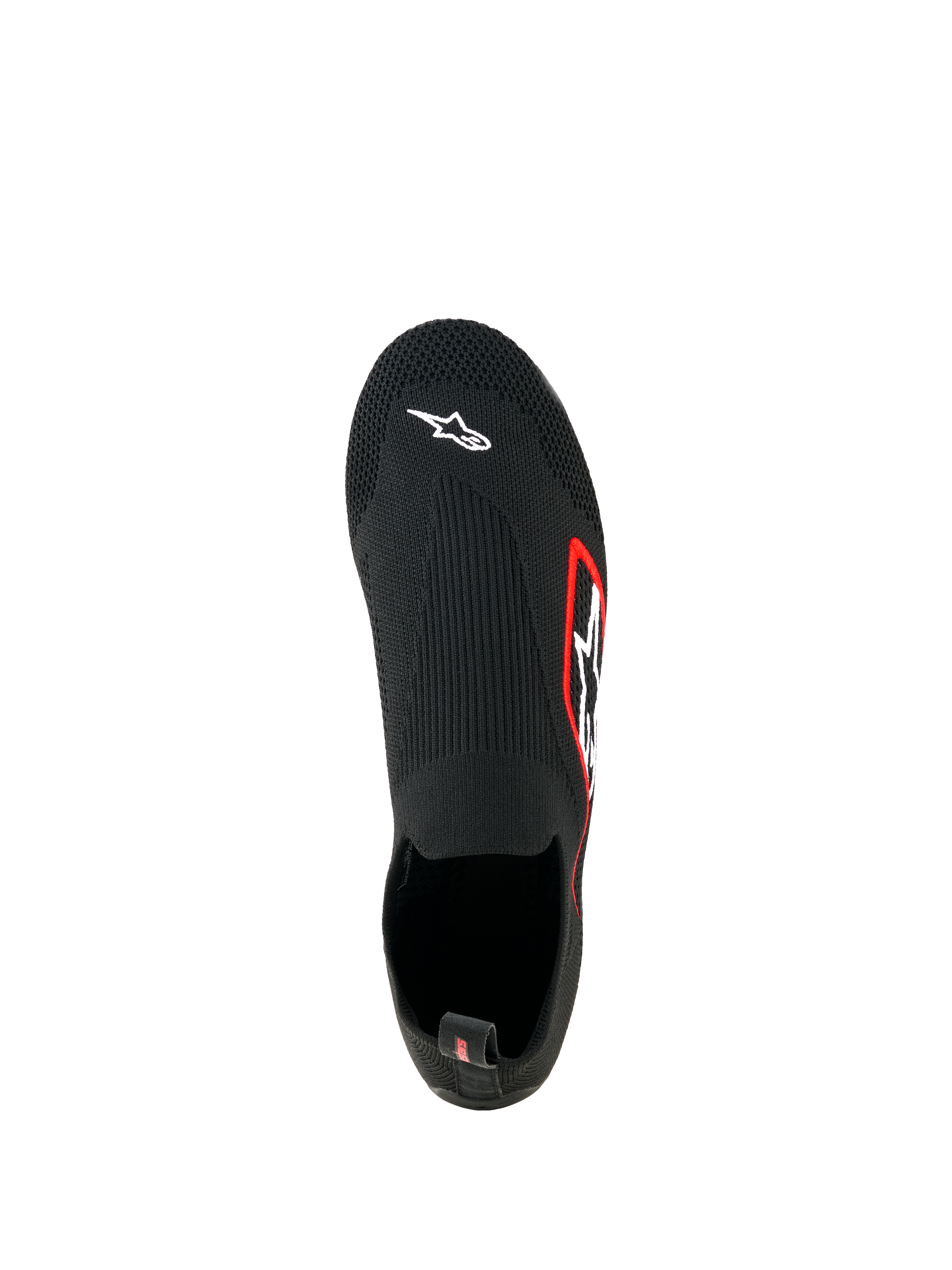 Alpinestars Tech Gaming-Schuhe, Sim-Racing-Schuhe, Schwarz, Draufsicht, nahtloses gestricktes Stretch-Obermaterial mit weißem Astar-Logo auf der Zehenpartie, rot umrandetes Logo an der Seite, leichtes sockenähnliches Design