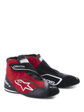 Alpinestars SP+ Schuhe, High-Top Rennschuhe, Schwarz und Rot, Wildleder- und Lederkonstruktion, weißes Sternlogo an der Seite, verstellbarer Klettverschluss, professionelles Motorsport-Schuhwerk mit Knöchelunterstützung