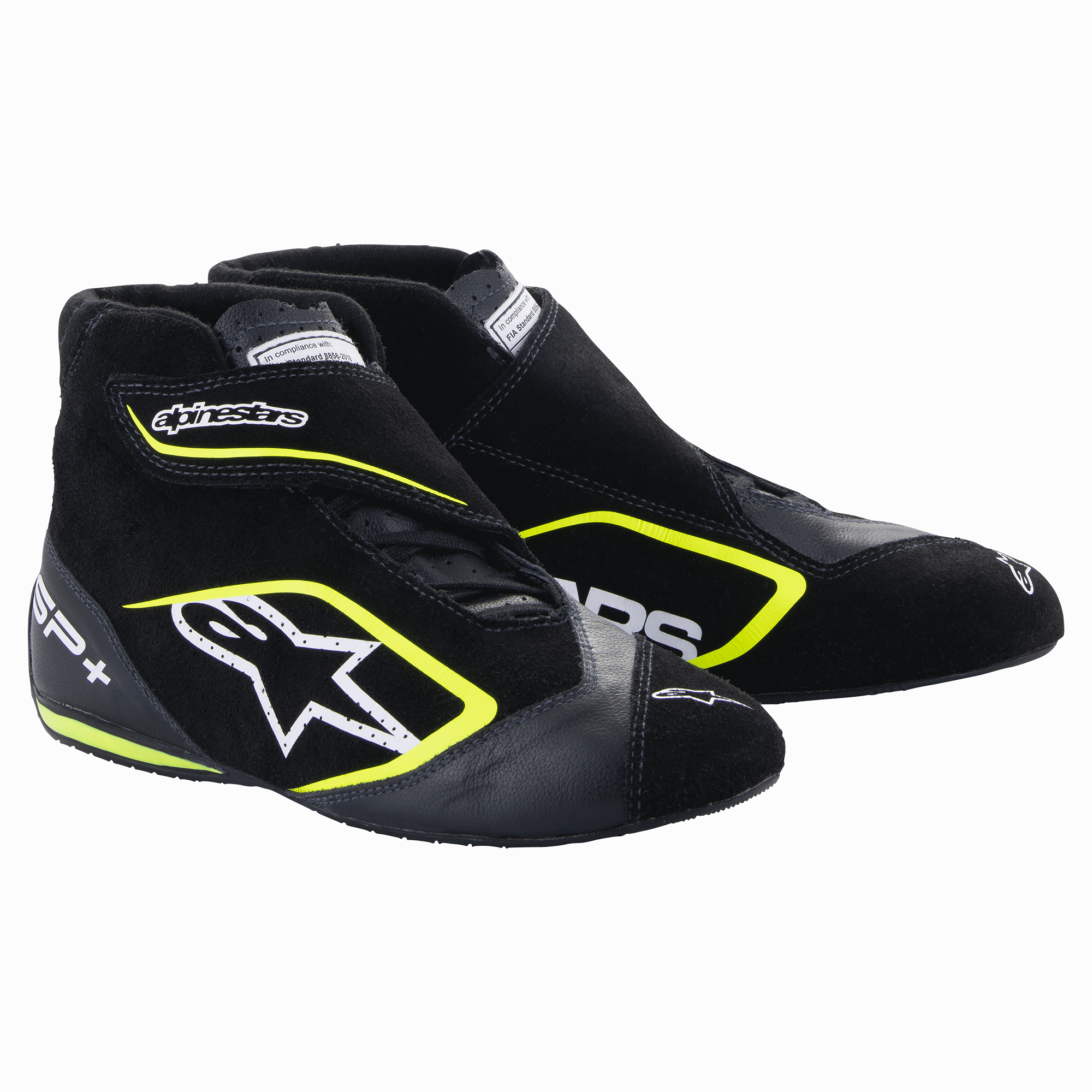 Alpinestars SP+ Schuhe, Auto-Rennschuhe, Schwarz und Gelb Fluo, High-Top-Design mit weißem Stern-Logo und neongelben Akzenten, Leder- und Wildlederkonstruktion, dünne F1-inspirierte Gummisohlen, sportliche Motorsport-Ästhetik