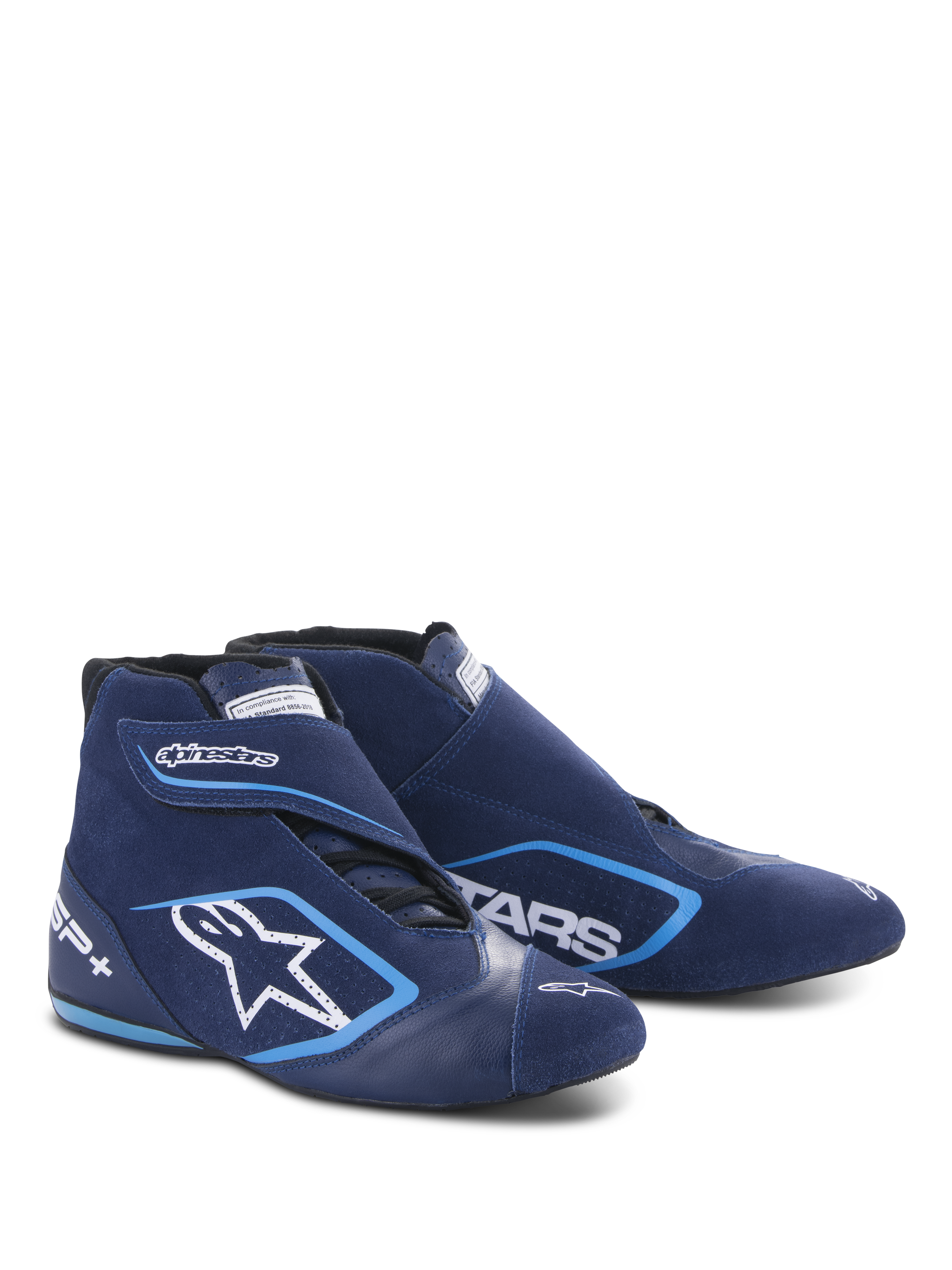 Alpinestars SP+ Schuhe N, Auto-Rennschuhe, Ultramarinblau und Hellblau, hoch geschnittenes Design aus Wildleder und Leder, mit großem weißem Stern-Logo und SP+-Branding, aerodynamische Form für professionellen Motorsport.