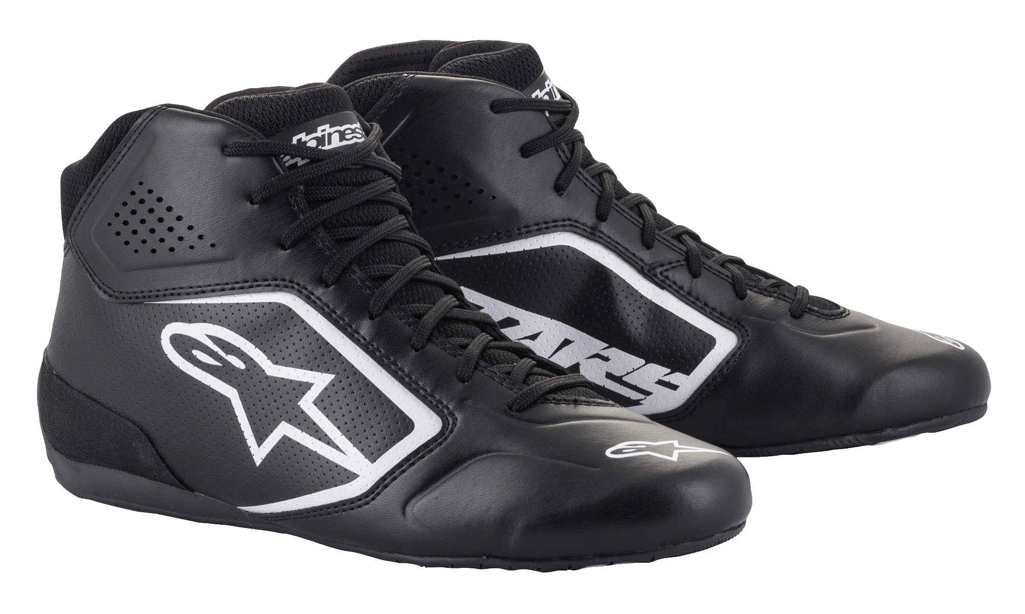 Alpinestars Tech-1 K Start V2 Schuhe, Karting-Rennschuhe, Schwarz mit weißem Alpinestars-Logo, High-Top-Design mit perforierten Mikrofaser-Einsätzen und flachen Rennsohlen, eleganter vom Motorsport inspirierter Look