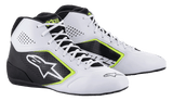 Alpinestars Tech-1 K Start V2 Schuhe, Karting-Schuhe, Weiß, Schwarz und Fluo-Gelb, mit perforierten Seitenwänden, großem weißen Stern-Logo und neongelben Akzenten, professionelles Motorsport-Schuhwerk