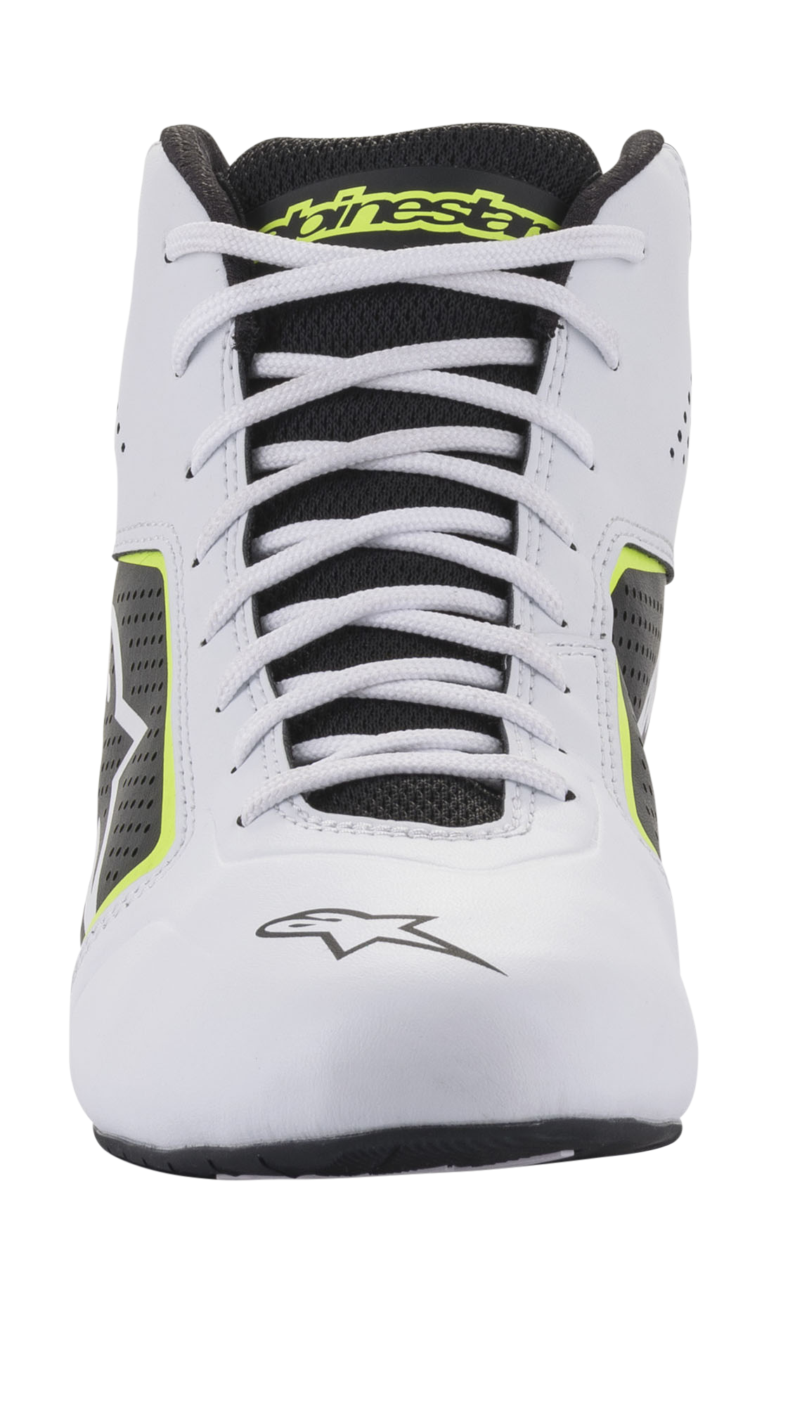 Alpinestars Tech-1 K Start V2 Shoes, Karting Shoes, White Black and Yellow Fluo, front view featuring white laces, black mesh tongue with yellow branding, and white microfiber construction with perforated side panels.