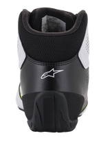 Alpinestars Tech-1 K Start V2 Shoes, Karting Shoes, White Black and Yellow Fluo, rear view showing ergonomic black heel counter with white star logo, padded collar, and durable rubber outsole for motorsport performance