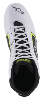 Alpinestars Tech-1 K Start V2 Shoes, Karting Shoes, White Black and Yellow Fluo, top-down view showing white microfiber upper, white laces, and black mesh interior with yellow branding