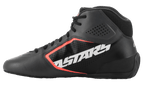 Alpinestars Tech-1 K Start V2 Shoes, Karting Shoes, Asphalt Black and Orange Fluo, side profile featuring large white ASTARS logo, perforated microfiber upper with orange fluorescent accents, sleek motorsport design