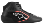 Alpinestars Tech-1 K Start V2 Shoes, Karting Shoes, Asphalt Black and Orange Fluo, side profile featuring microfiber upper with laser perforations, white Alpinestars logo with orange outline, and black laces